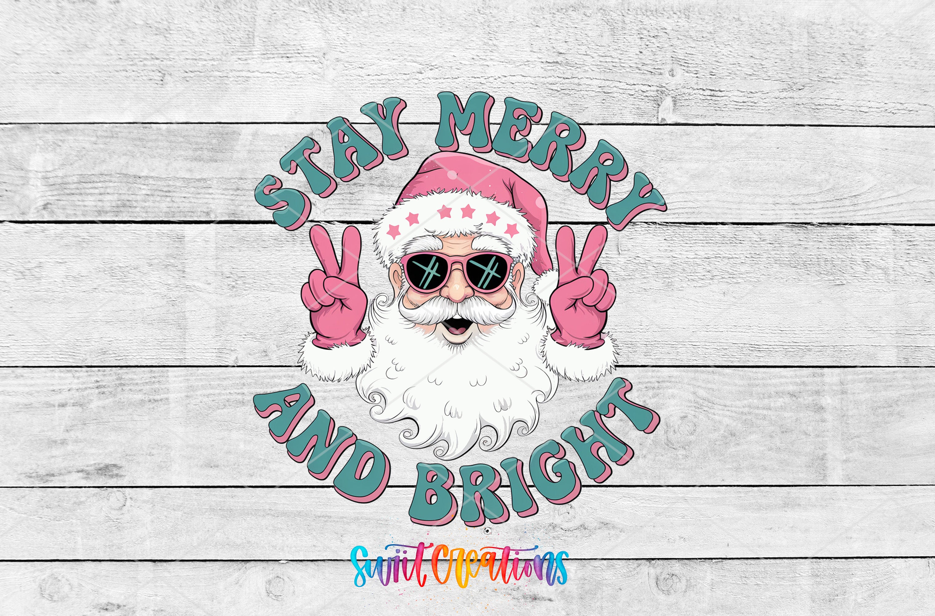 Santa Claus wearing sunglasses and making a peace sign, with the text "Stay Merry and Bright" around him.