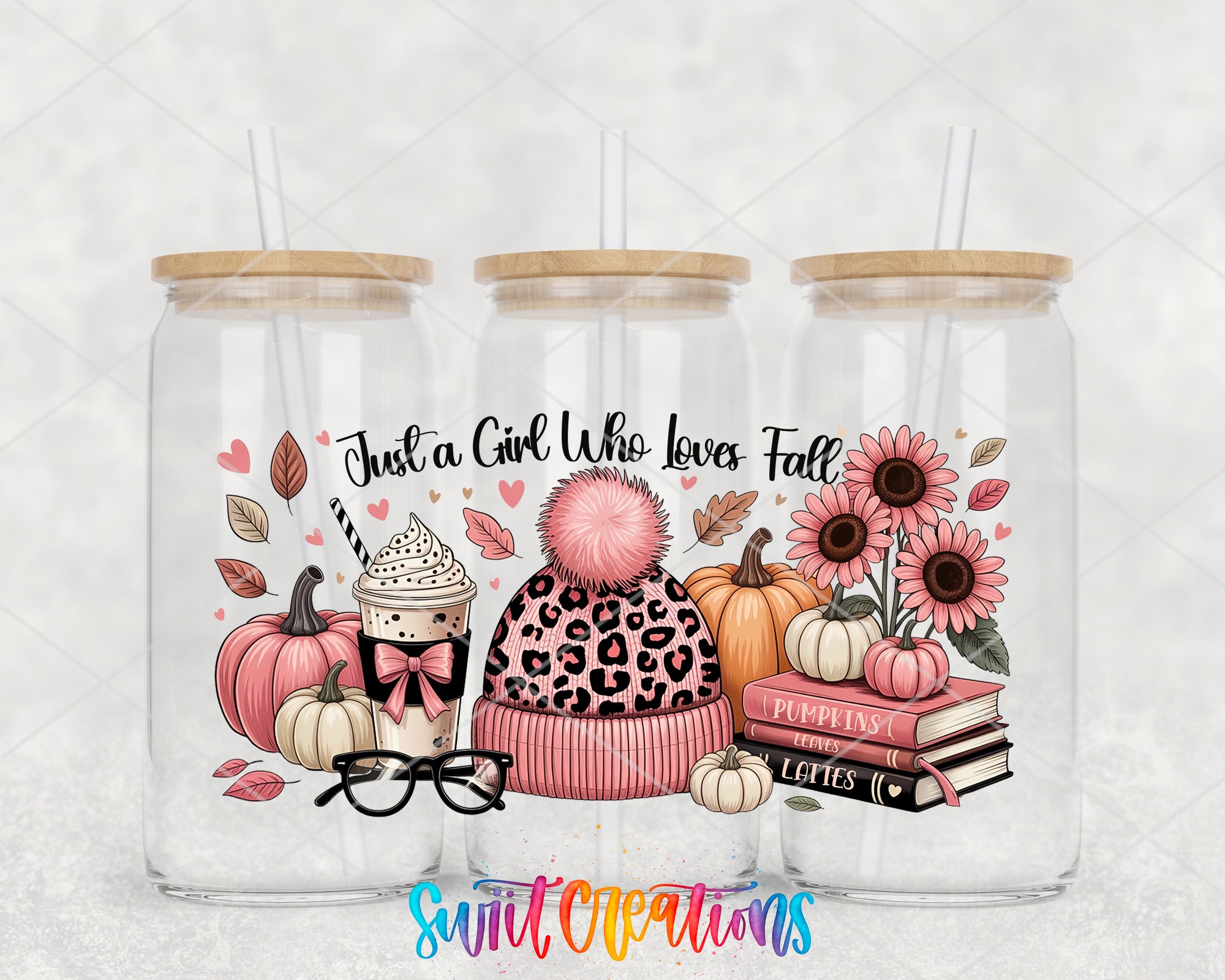 A collection of three glass tumblers with straws, each containing illustrations of fall-themed items such as pumpkins, sunflowers, and a leopard print hat. The text on the tumblers reads "Just a Girl Who Loves Fall" and "Pumpkins Leaves Lettes".