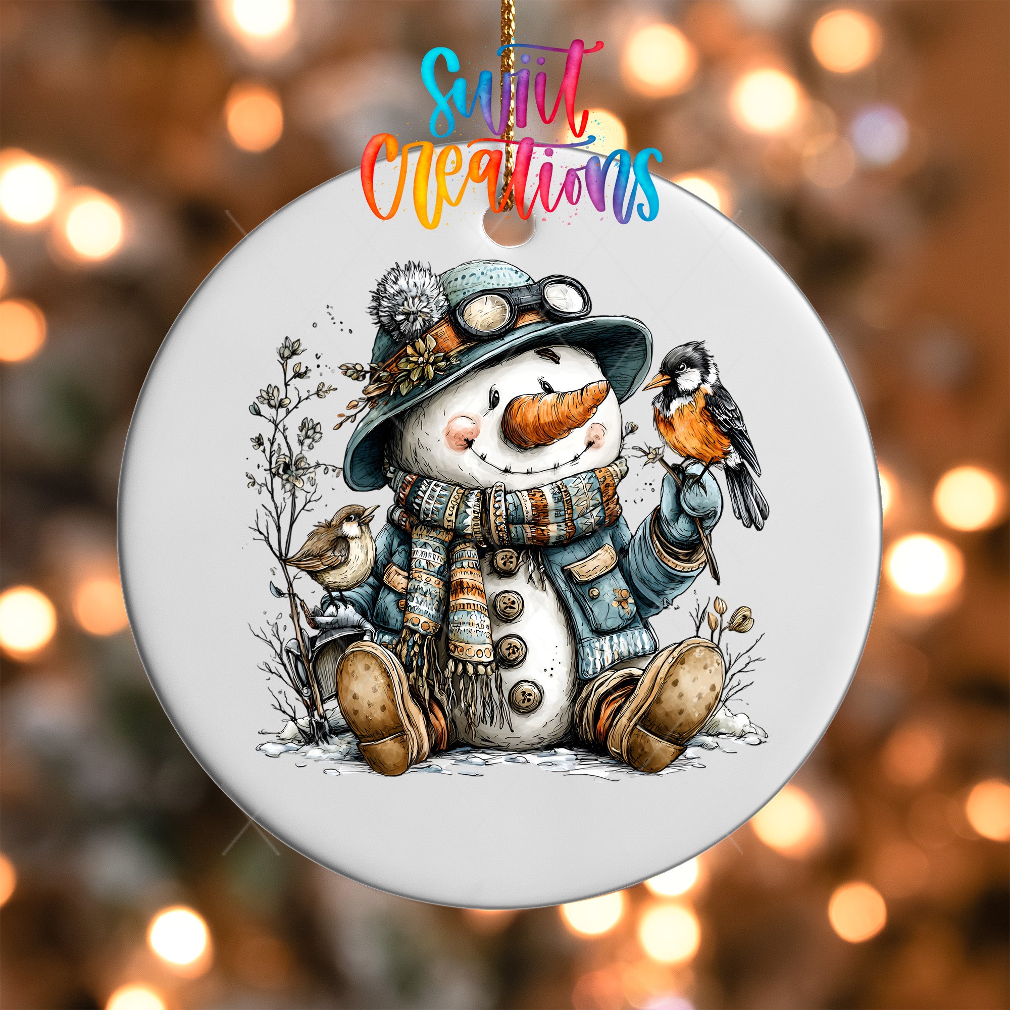 A snowman ornament with a bird perched on its hand, set against a blurred background of twinkling lights.