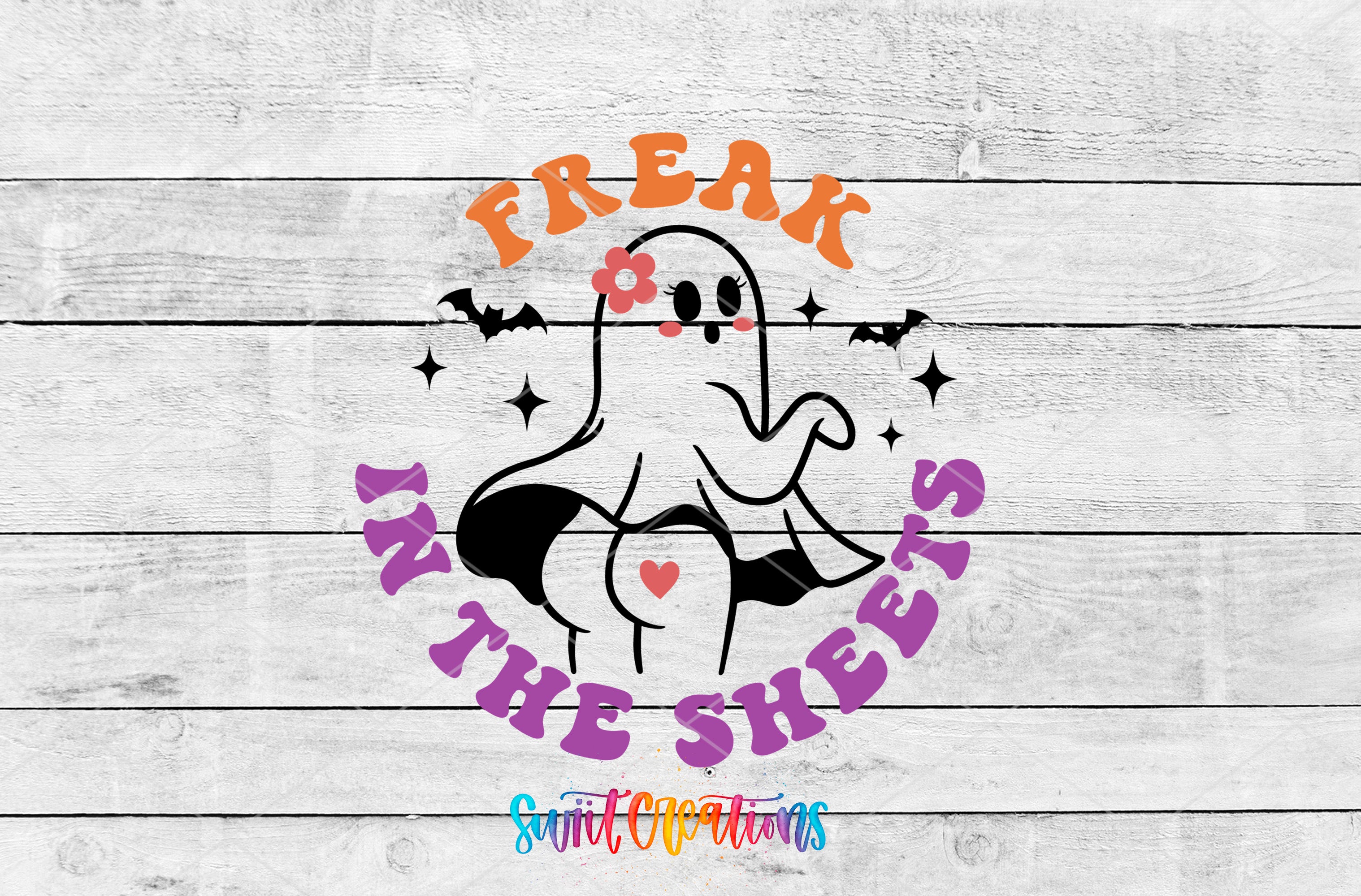 a graphic design with a ghost character and the text "Freak in the sheets" in a circular arrangement.