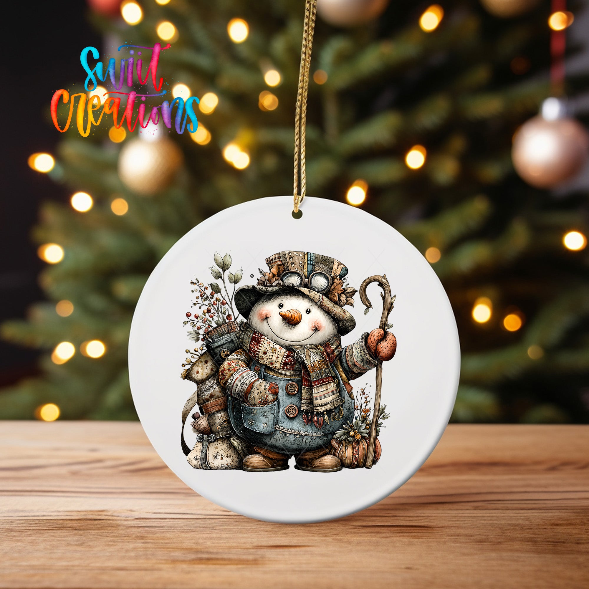 A white ornament featuring a snowman with a carrot nose and a walking stick, set against a blurred background of a Christmas tree with twinkling lights.