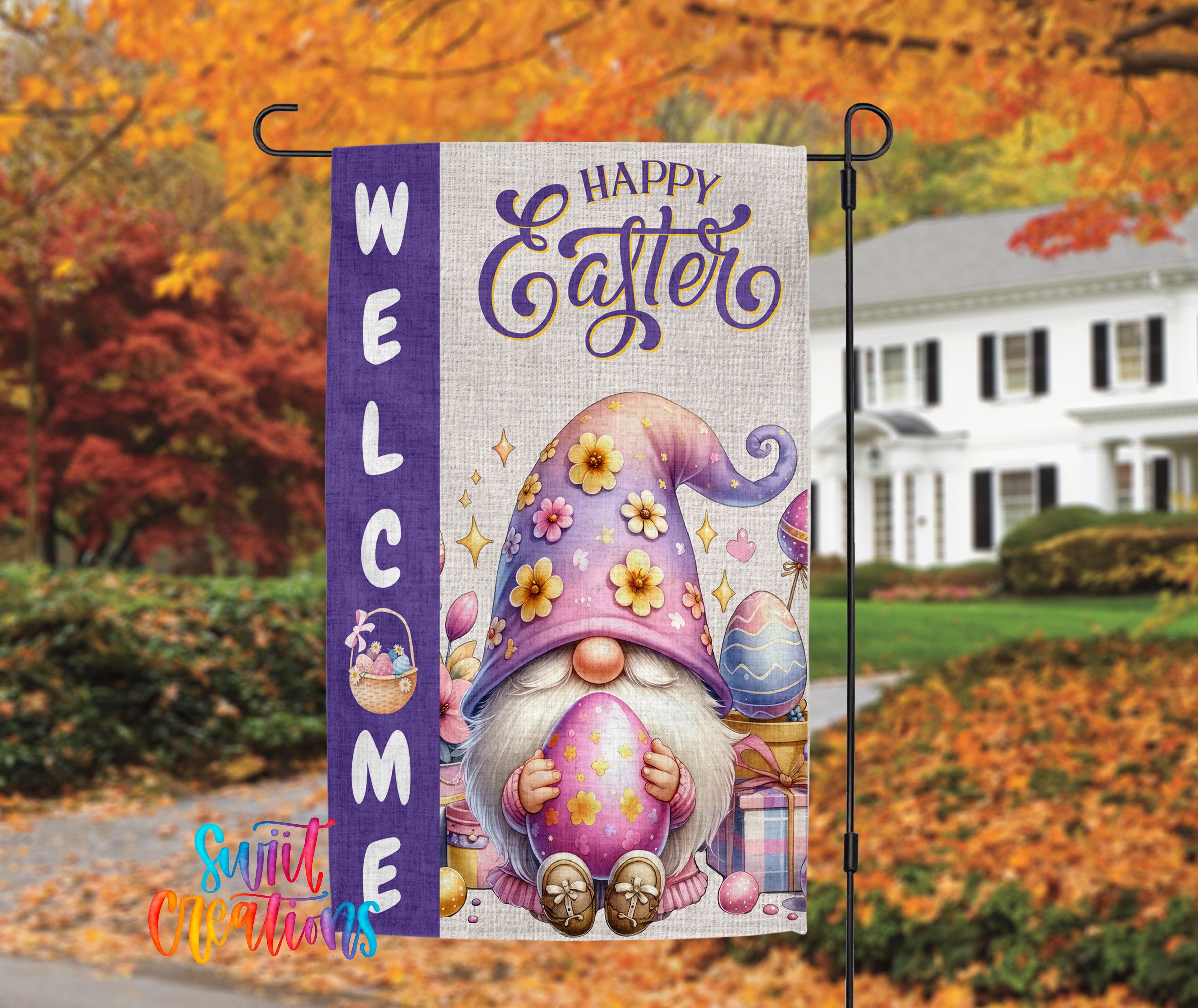 A colorful banner featuring a cartoon gnome holding a basket of eggs, with the text "Welcome Easter" displayed on it. The banner is hanging outdoors against a backdrop of autumn foliage.