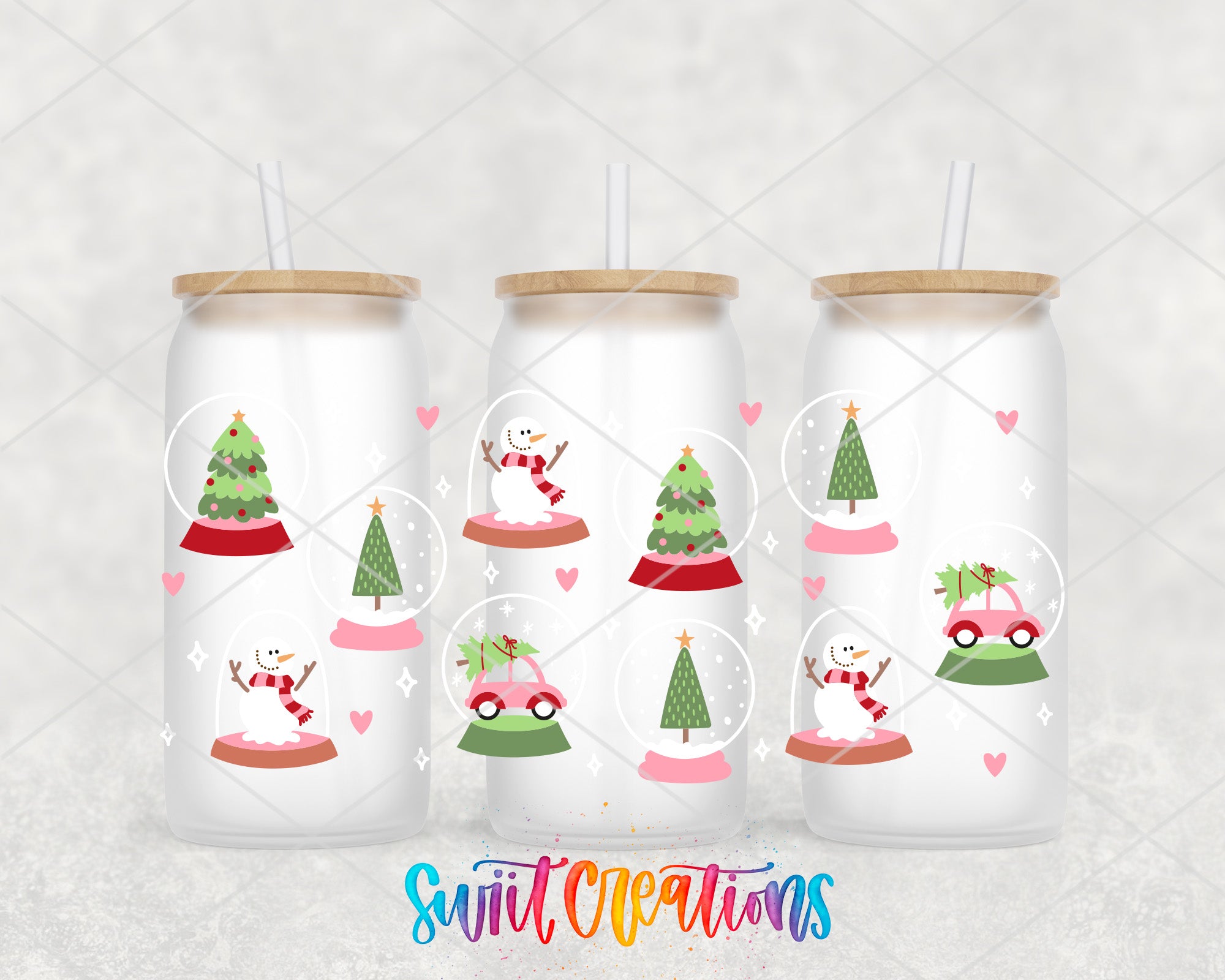 three frosted glass tumblers with Christmas-themed illustrations, including snowmen, Christmas trees, and a car.
