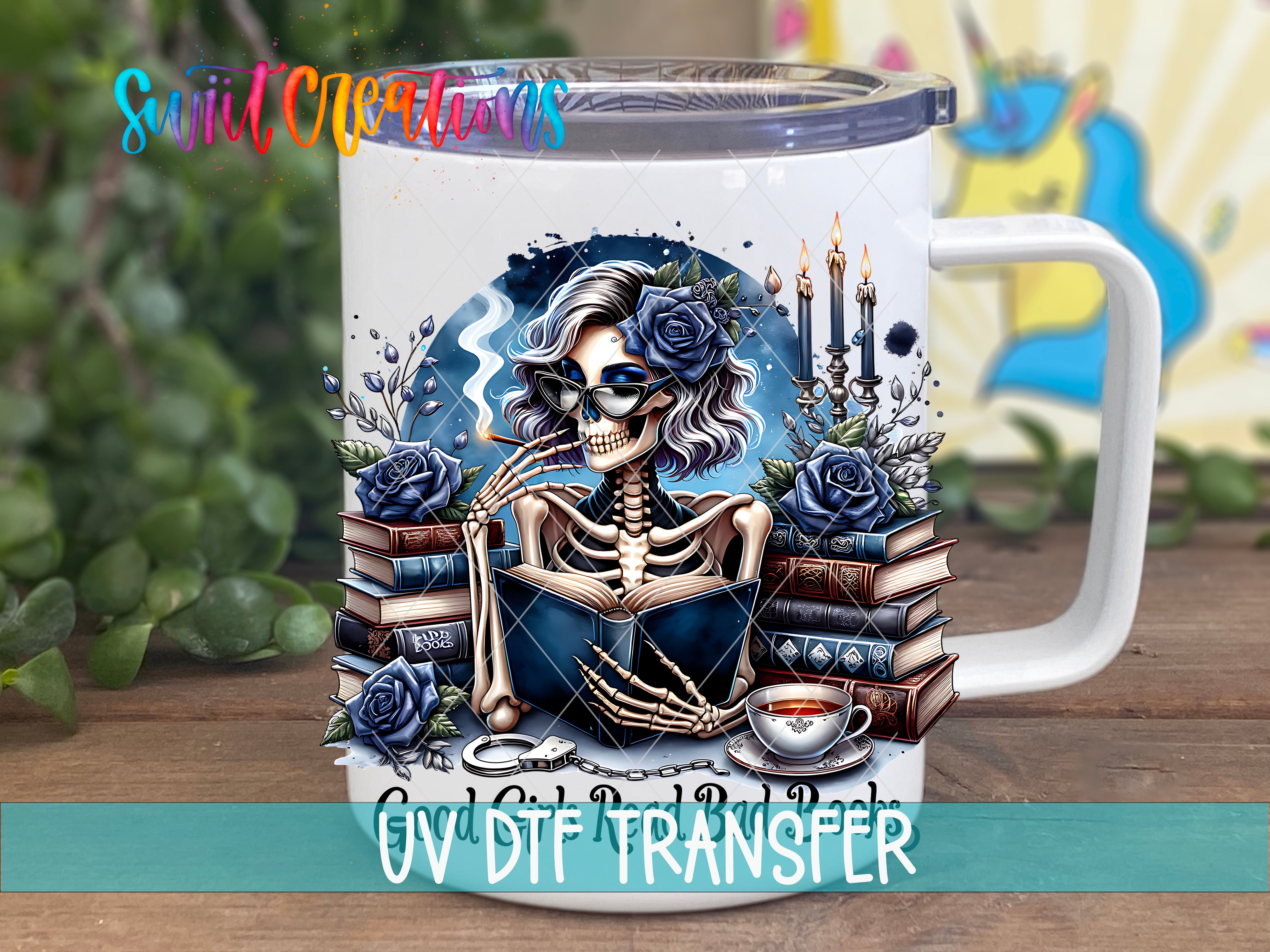 A mug with an illustration of a skeleton reading a book, surrounded by flowers and candles, with the text "UV DTSTRANSFER" below the mug.