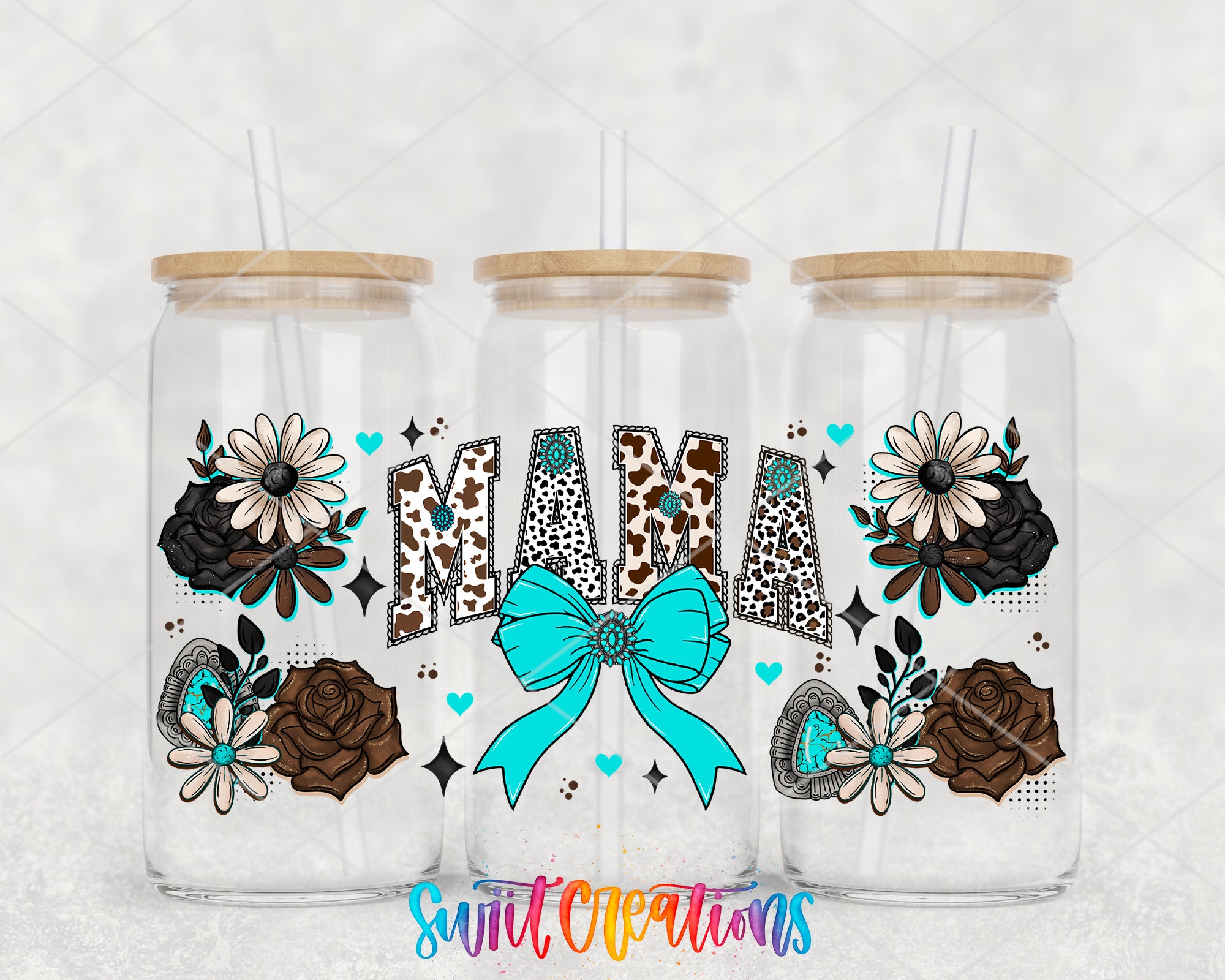 Three glass tumblers with floral and bow designs, along with the text "Mama" and other decorative elements.