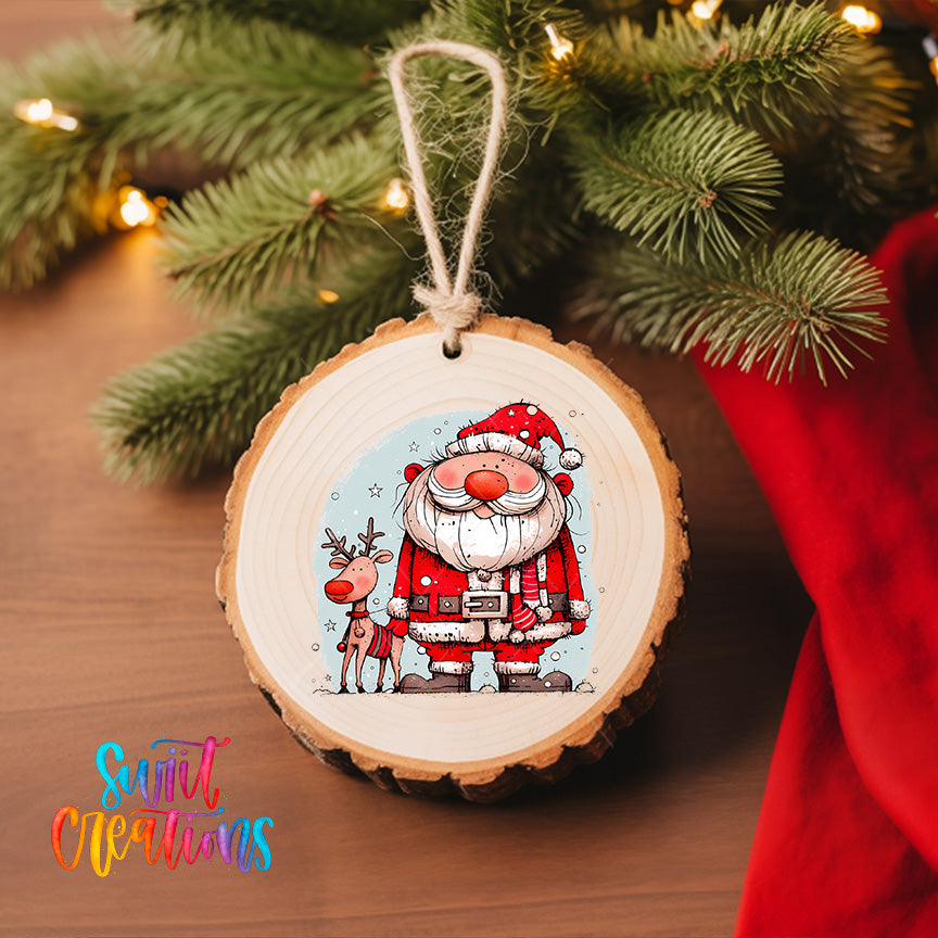 A wooden ornament featuring a cartoon Santa Claus and a reindeer, hanging on a Christmas tree.