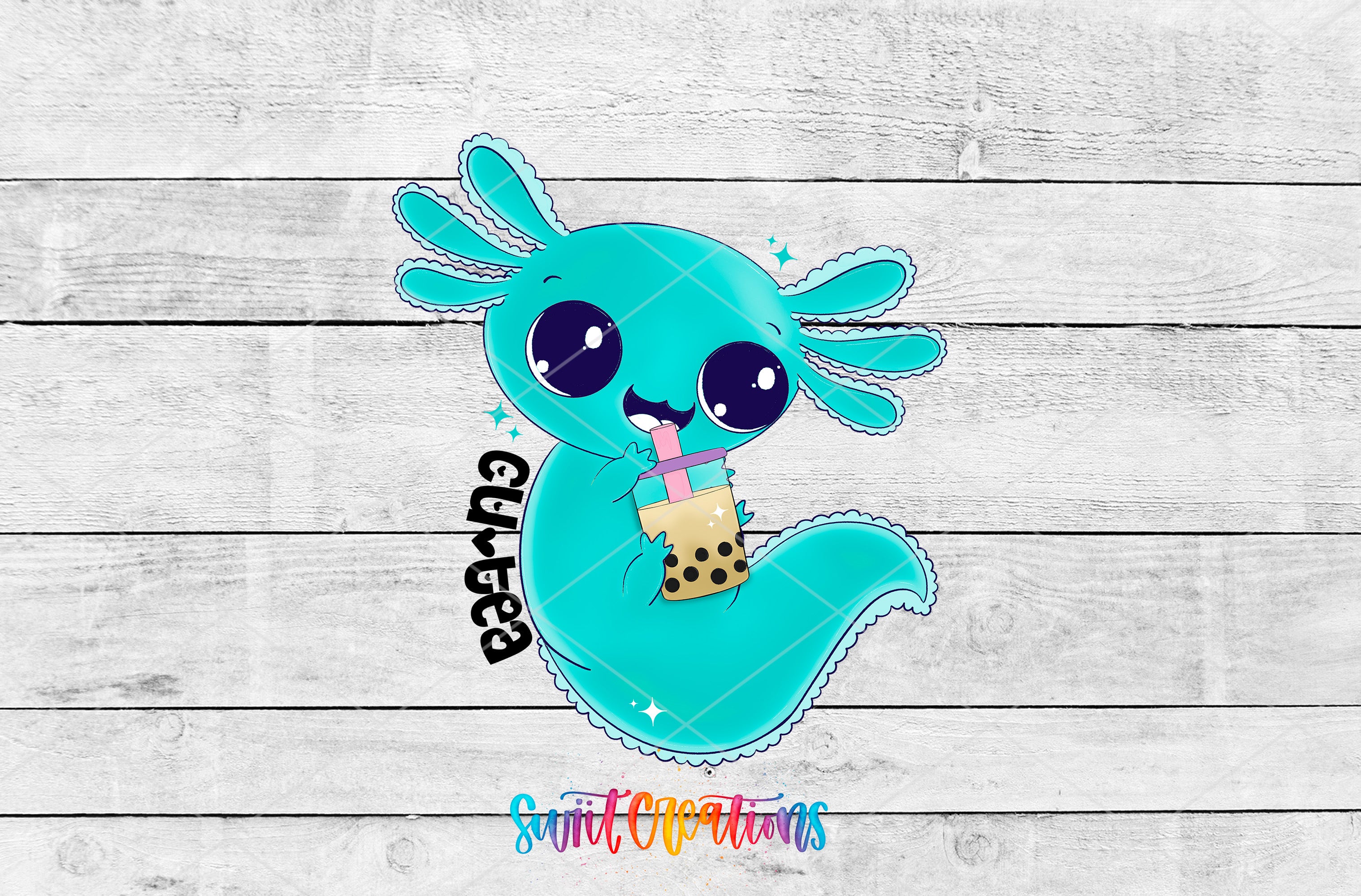 A cartoon illustration of a blue aquatic creature with large eyes and a straw in its mouth, sitting on a wooden surface.