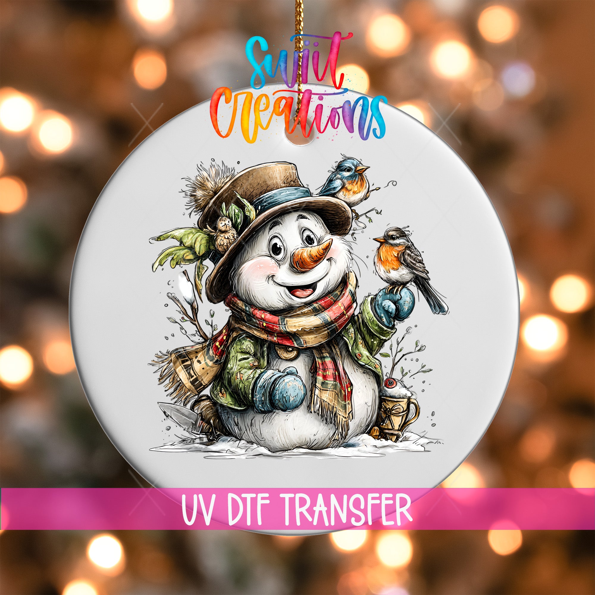 A snowman ornament with a bird perched on its shoulder, surrounded by snow and other winter elements, is the central focus of the image.