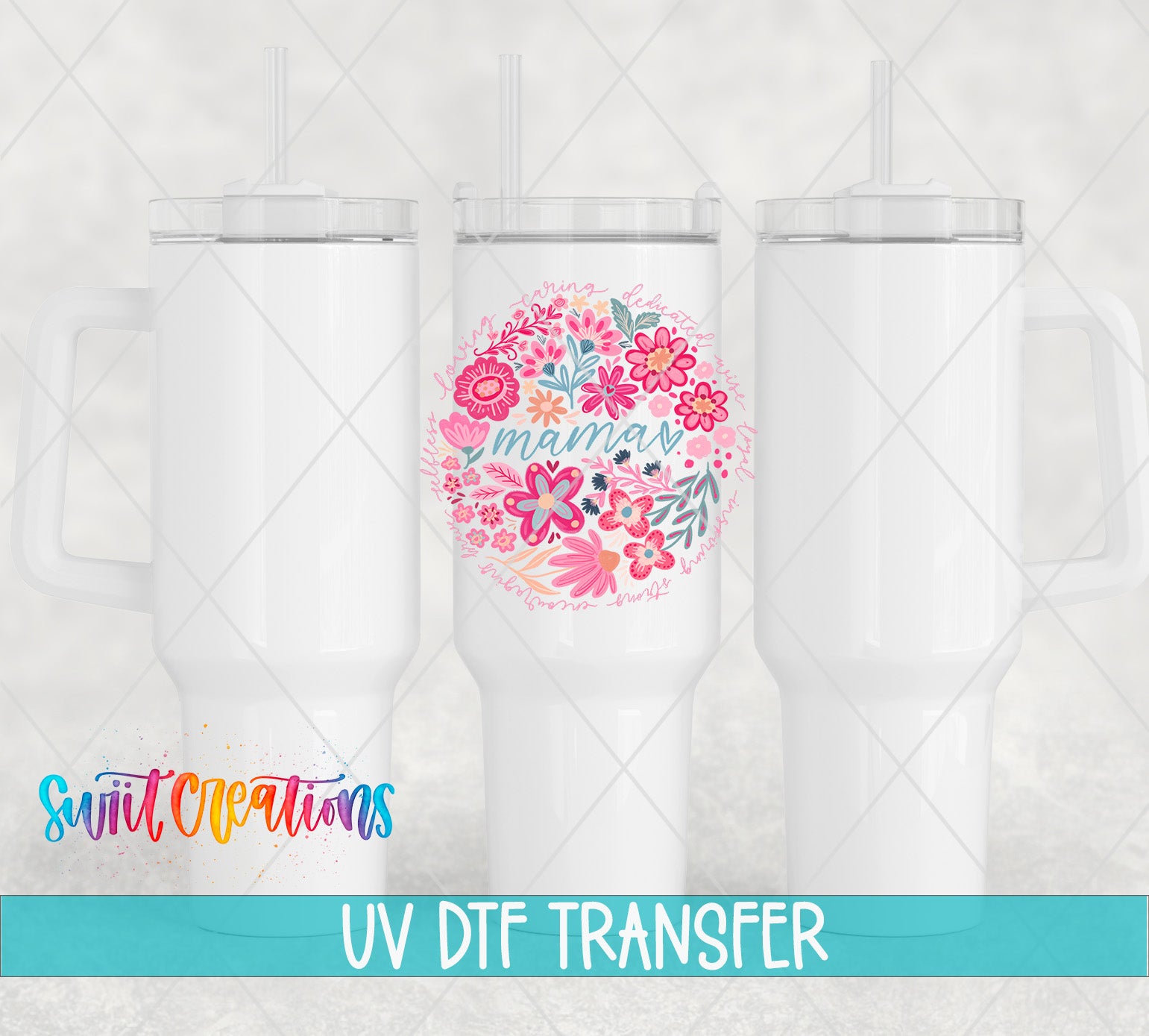 three white tumblers with flower designs on them, and there is text at the bottom of the image that says "UV DFT TRANSFER".