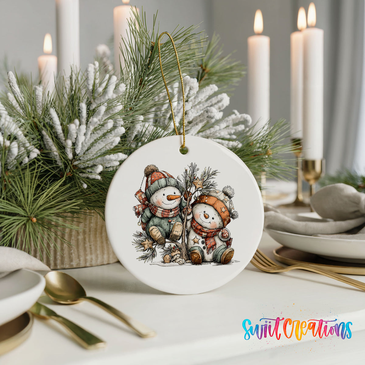 A white ceramic ornament featuring two snowmen is displayed on a table, surrounded by candles, plates, and silverware.
