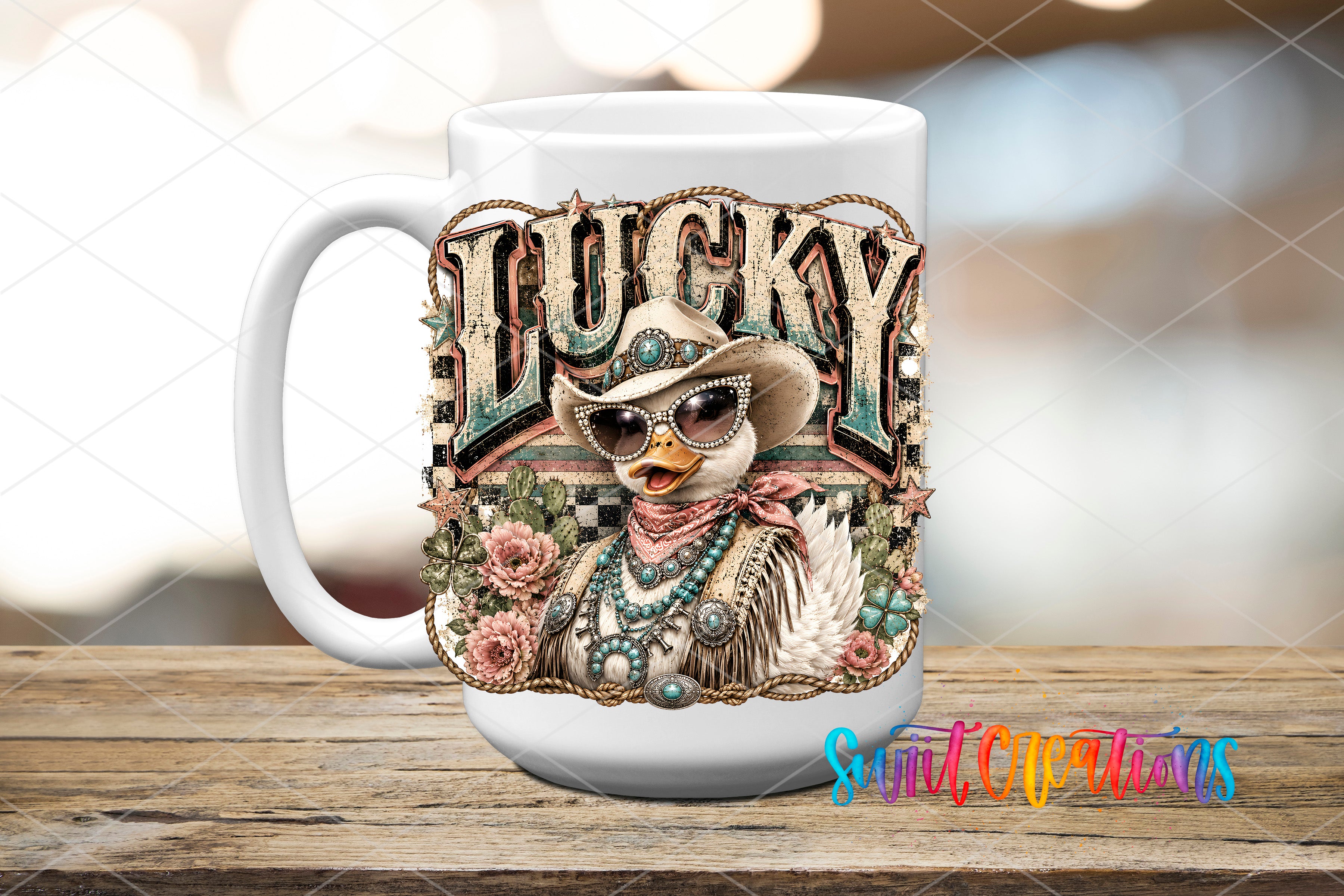 A white ceramic mug with a colorful and whimsical design featuring a cartoon duck wearing sunglasses and a cowboy hat, surrounded by various decorative elements such as flowers and ribbons.