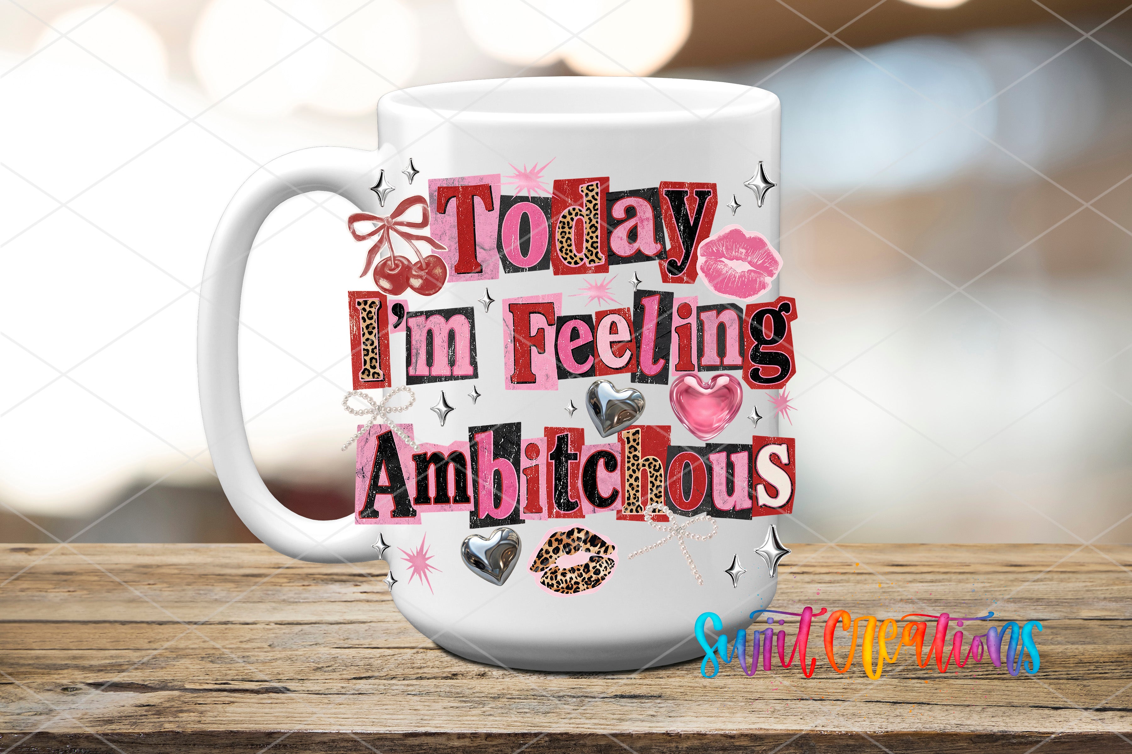 A white mug with colorful text and decorative elements, including hearts, lips, and other playful designs, placed on a wooden surface.