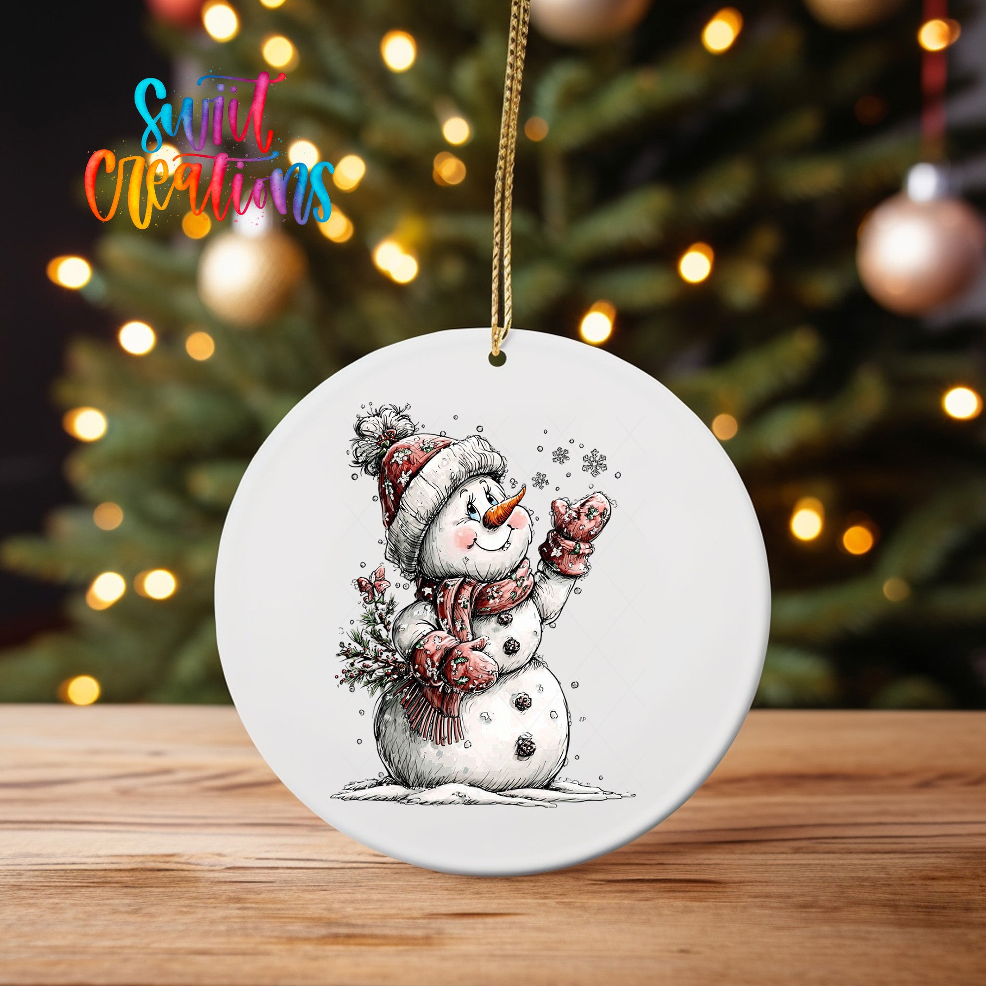 A white snowman ornament with a red scarf and hat, holding a snowflake, is hanging on a string in front of a blurred Christmas tree.