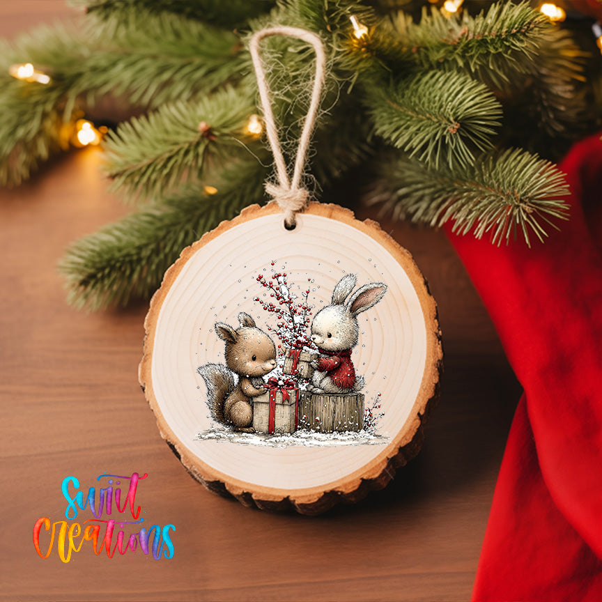 A wooden ornament featuring two rabbits, one brown and one white, sitting together and holding a gift box, with a snowy background. The ornament is hanging from a string and is placed on a wooden surface next to a Christmas tree.