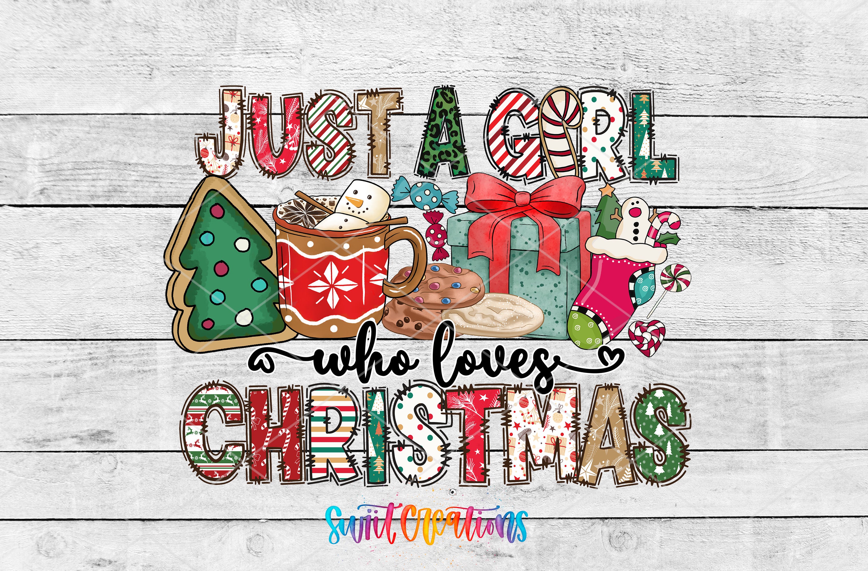 A collage of Christmas-themed images, including a Christmas tree, cookies, a gift, and other festive items, along with the text "Just a girl who loves Christmas".