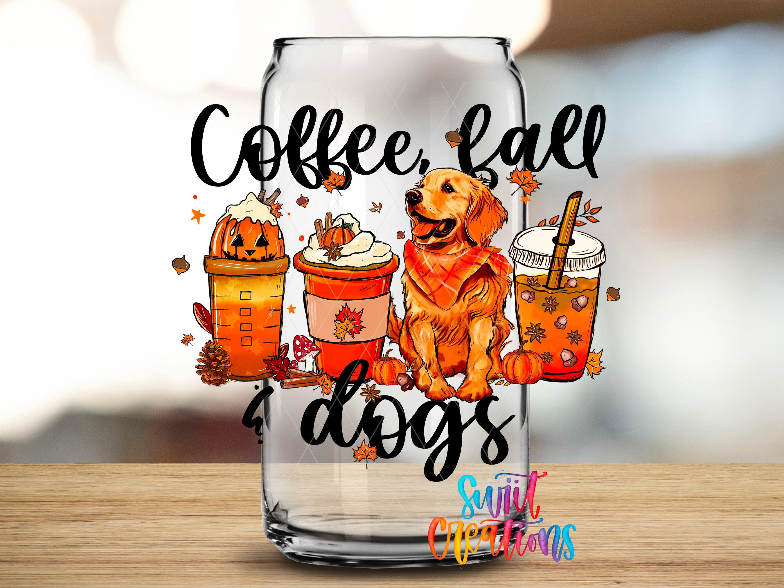 A glass with a design featuring a dog, coffee, fall decorations, and pumpkin-flavored drinks.