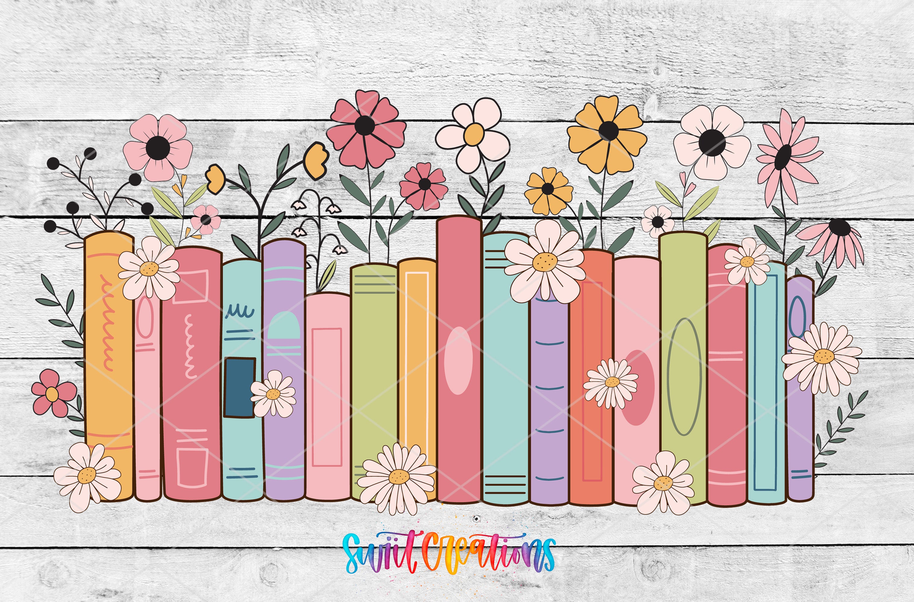 A row of colorful books with flowers growing on top, arranged on a wooden background.
