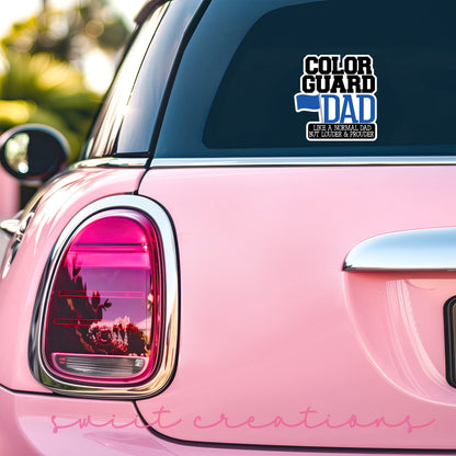 a pink car with a sticker that says color guard dad