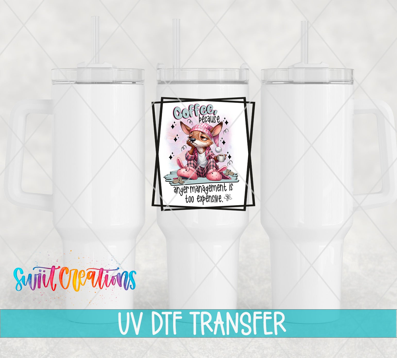 The image is a UV DFT (Photographic Digital Transfer) transfer of a white cup with a cartoon image of a cat wearing a hat and sunglasses.