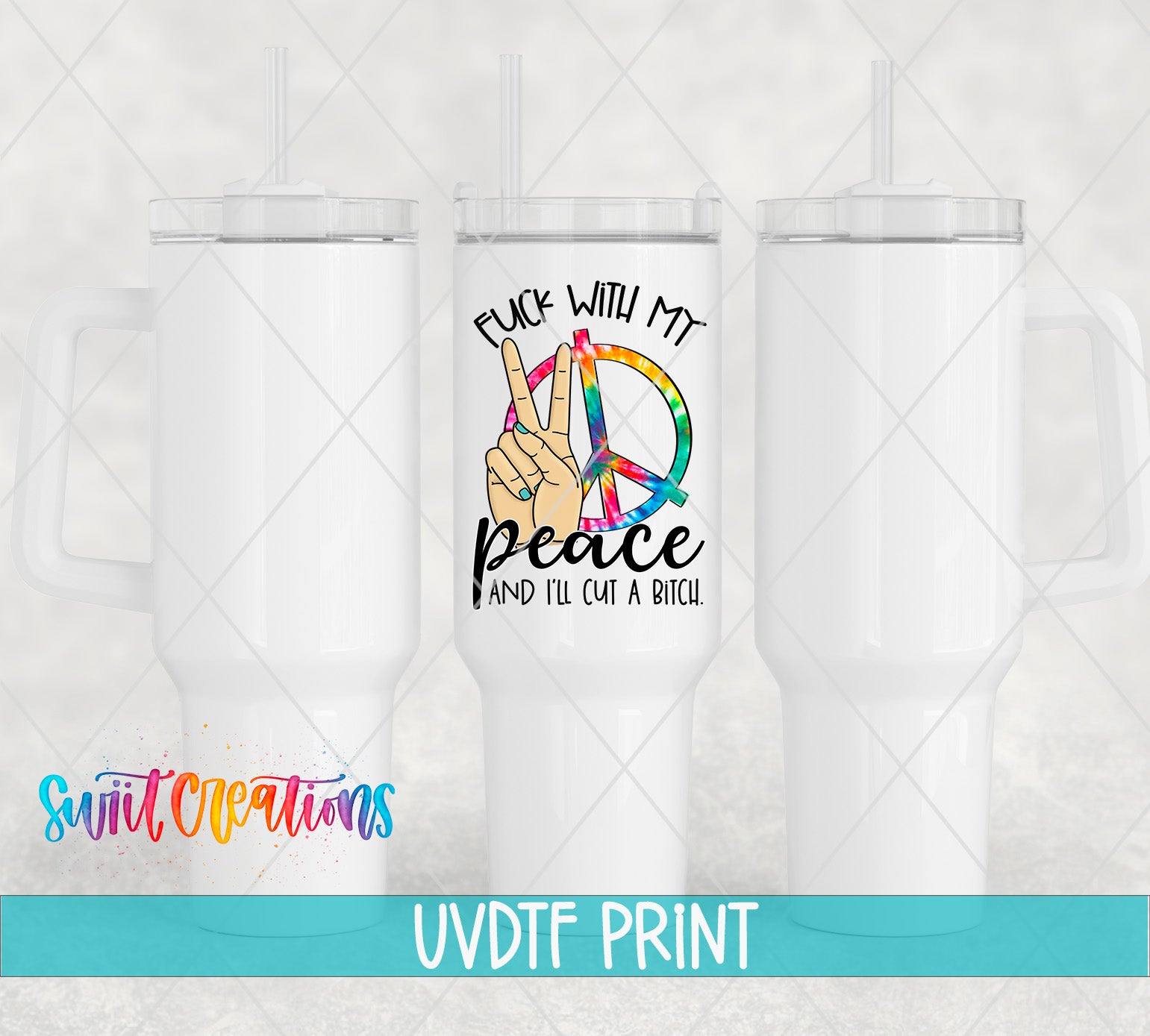 three white tumblers with a peace sign and text printed on them.