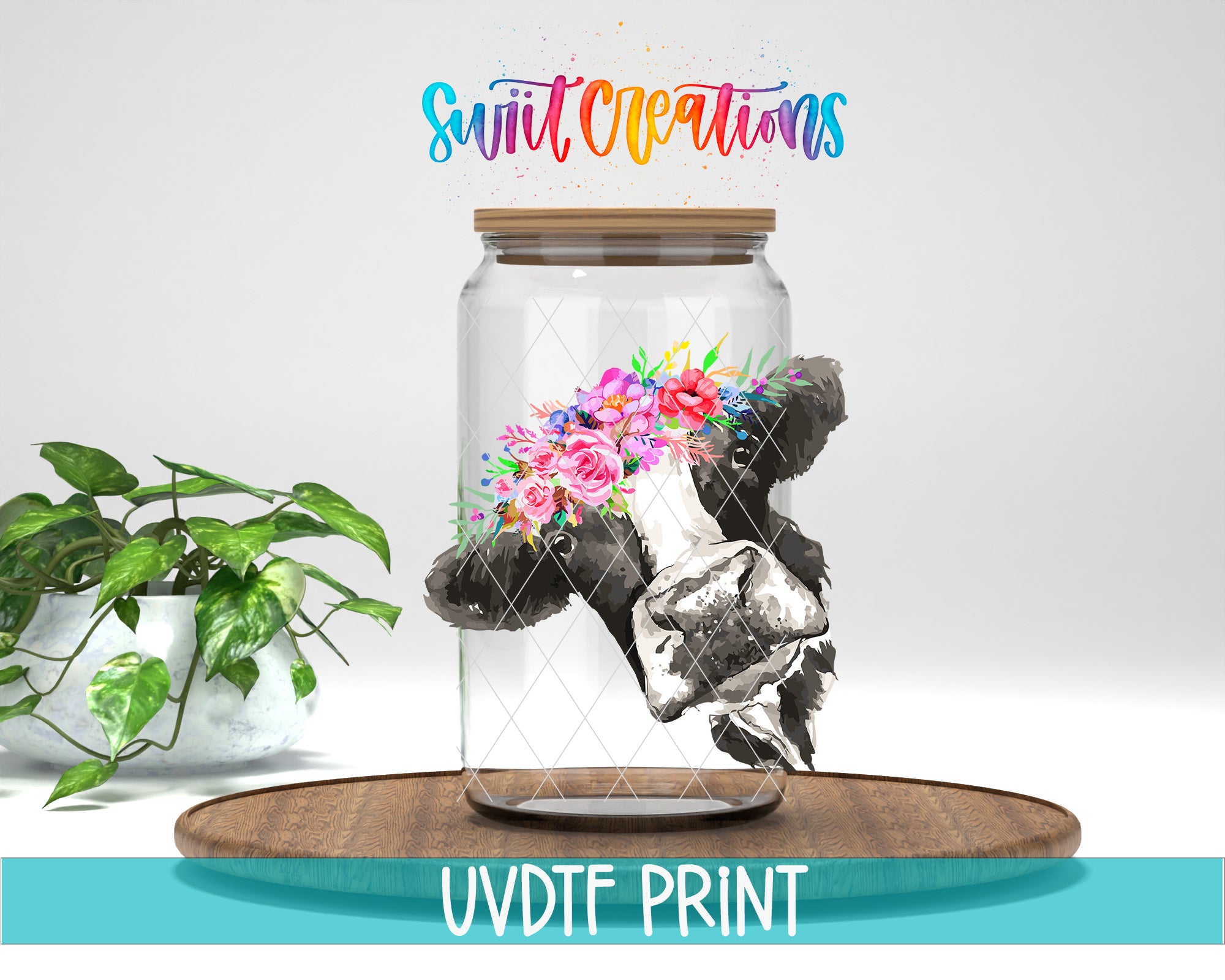 a glass jar with a cow's head inside, decorated with a floral arrangement. The jar is placed on a wooden surface, and there is a potted plant nearby. The text "Swift Creations" is written above the jar, and "UVDF PRINT" is written below it.