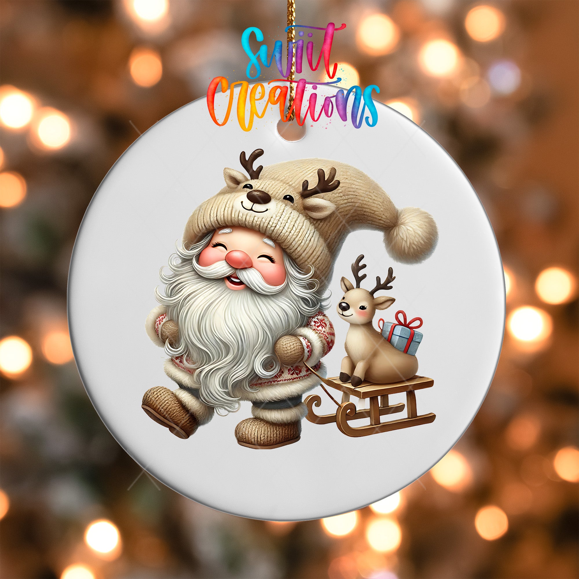 Santa Claus and his reindeer are depicted in a festive scene, with Santa wearing a hat and riding a sleigh pulled by a reindeer.