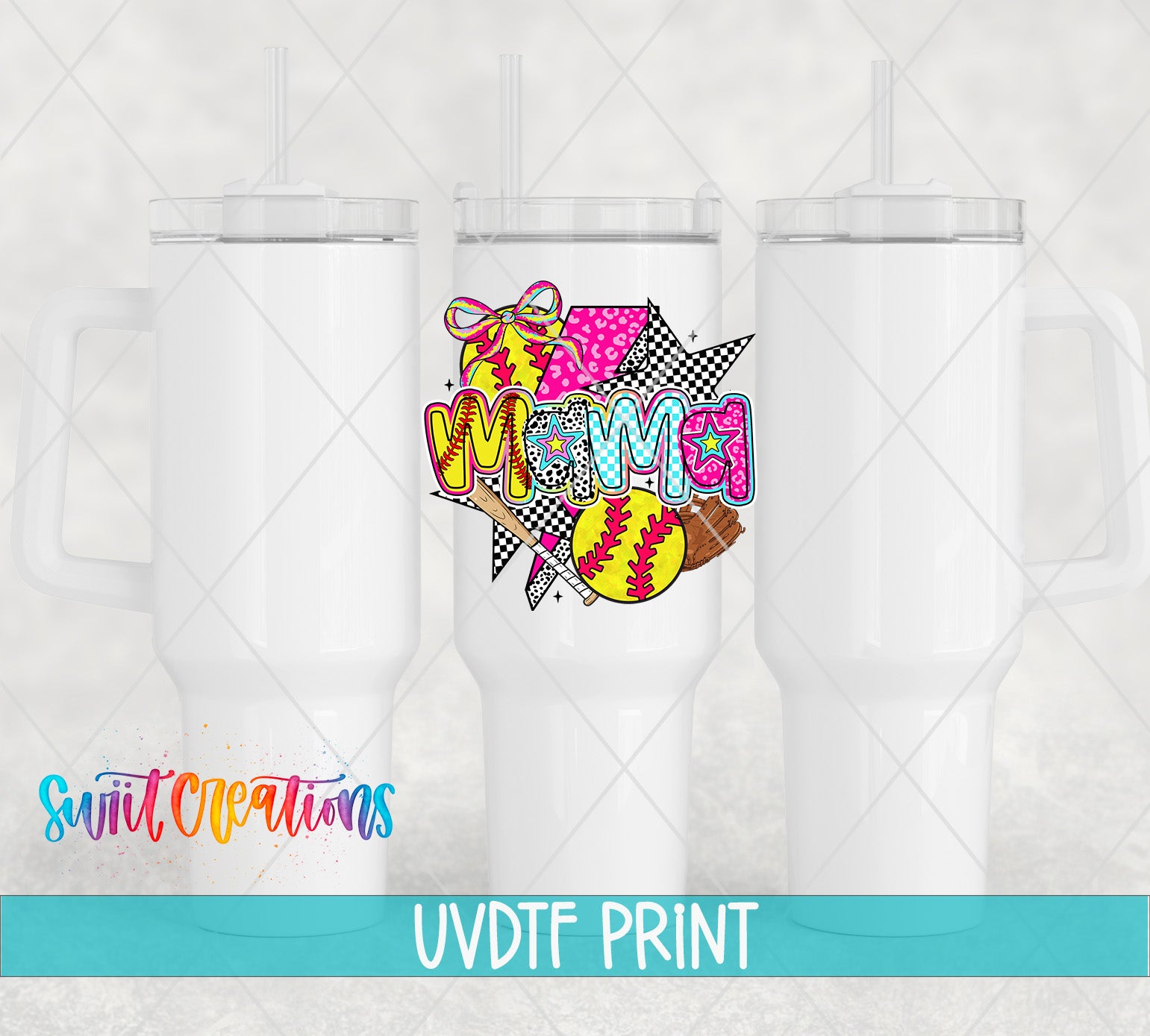 three white tumblers with colorful designs and straws, along with text indicating that they are printed with UVDF (Ultra-Vitamins D3) and are part of a print service.