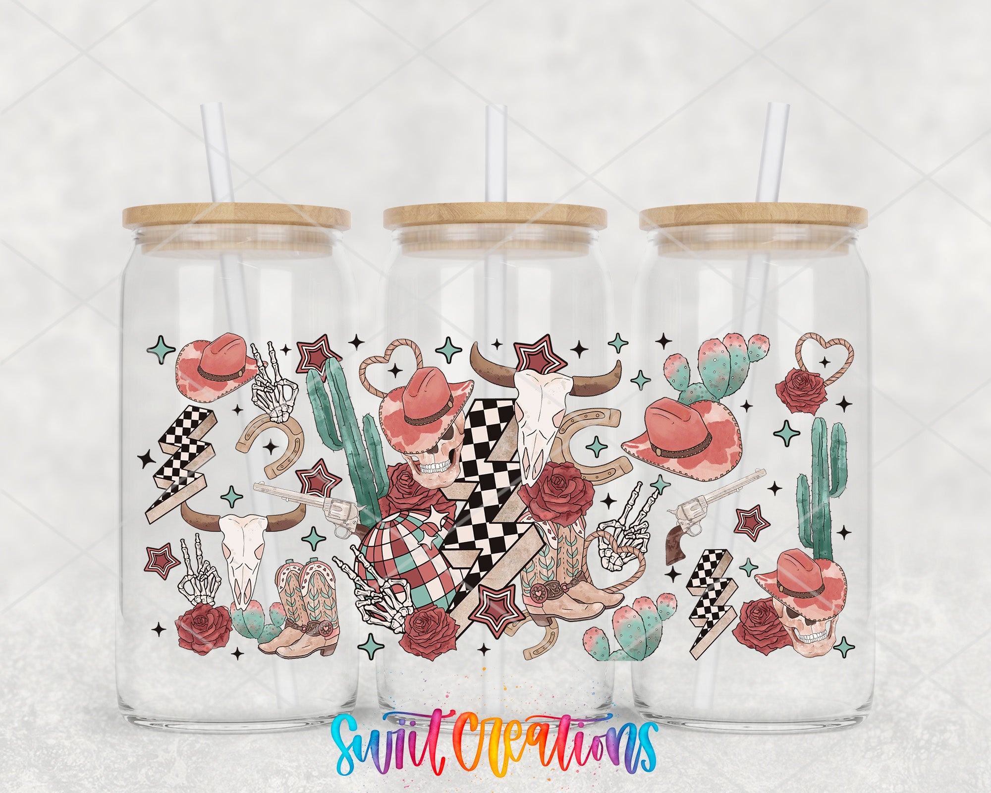 Three glass tumblers with wooden lids, each filled with a colorful illustration of various western-themed objects and symbols, such as cacti, horses, and stars.