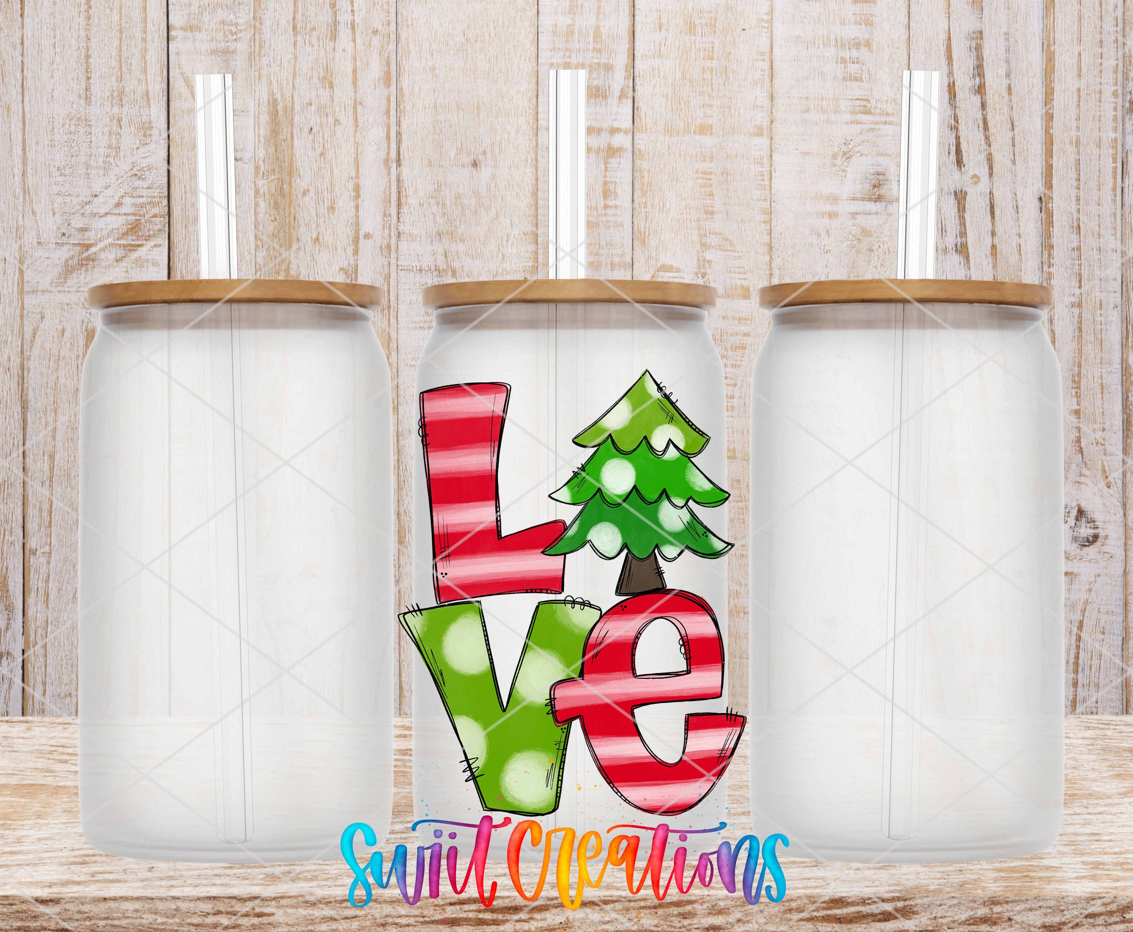 A collage of three glass jars with lids, each containing a straw, and a colorful design featuring the word "LOVE" in a festive style.