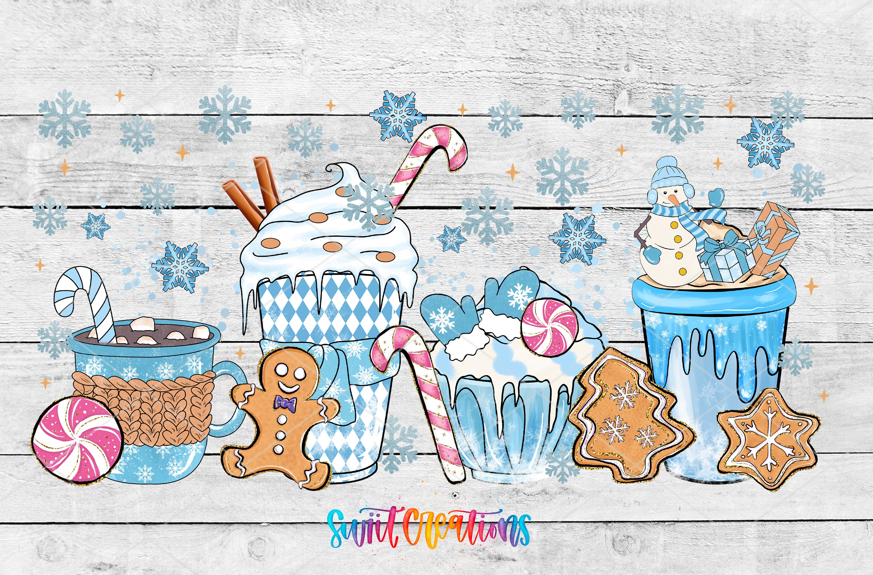 A festive winter scene with various sweet treats and decorations, including a gingerbread man, a snowman, a cup of hot chocolate, a cup of whipped cream, and cookies. The background is a white wooden surface with snowflakes scattered throughout, creating a cozy and wintery atmosphere.