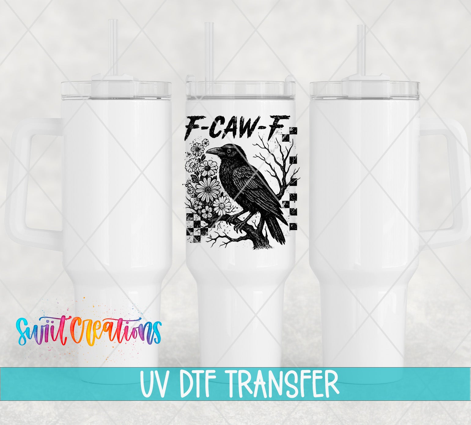 three white tumblers with a black and white graphic design on the center one, which includes a bird and floral elements. The text "UV DFT TRANSFER" is displayed below the image.