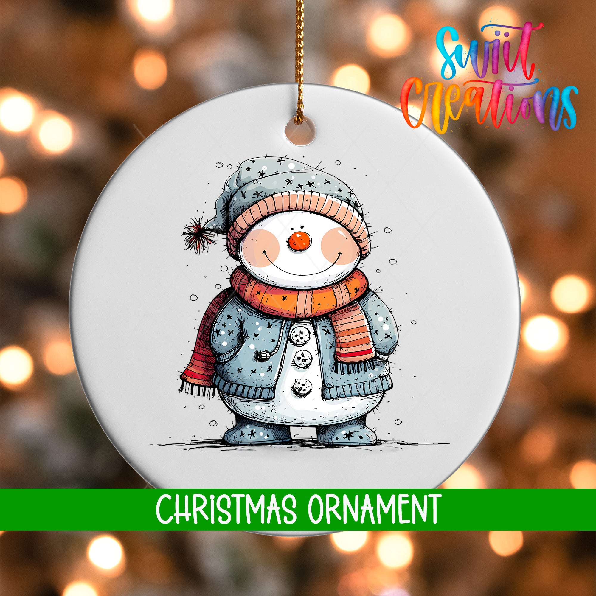 A white Christmas ornament featuring a smiling snowman wearing a blue scarf and hat, with a red scarf wrapped around its neck.