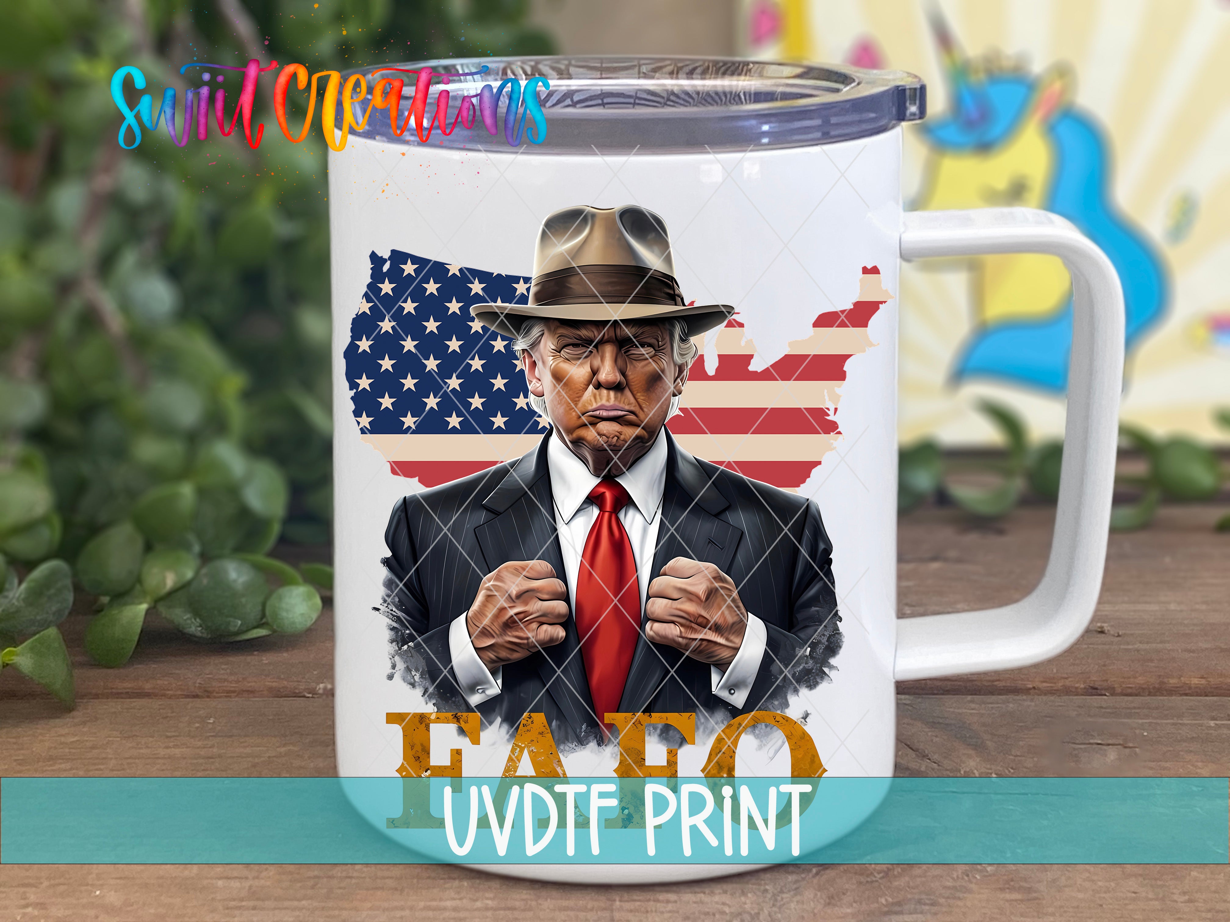 A mug with an image of a man wearing a suit and hat, with an American flag in the background.
