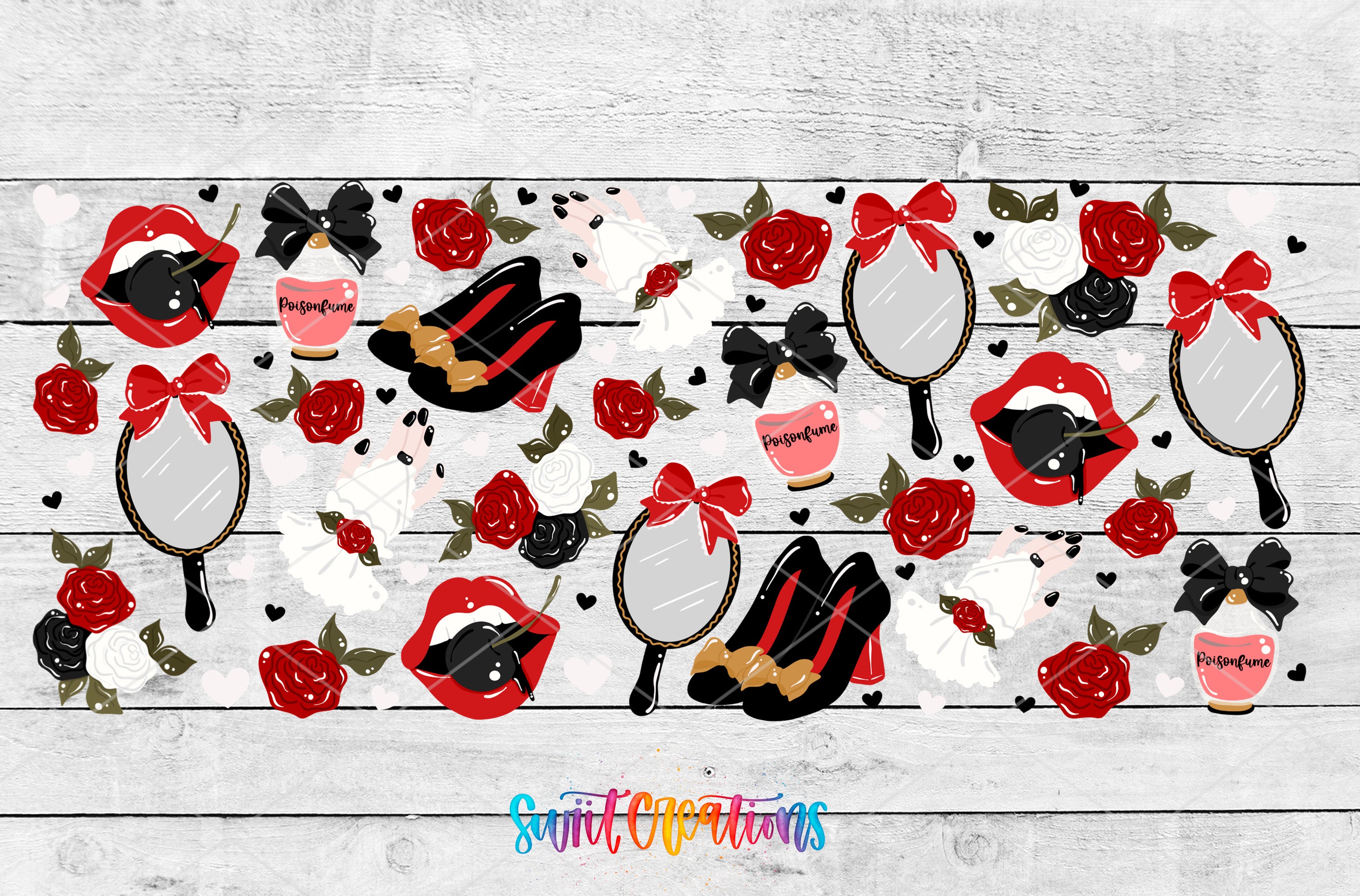 The image is a collage of various fashion-related items, including shoes, mirrors, and flowers, arranged in a visually appealing manner.