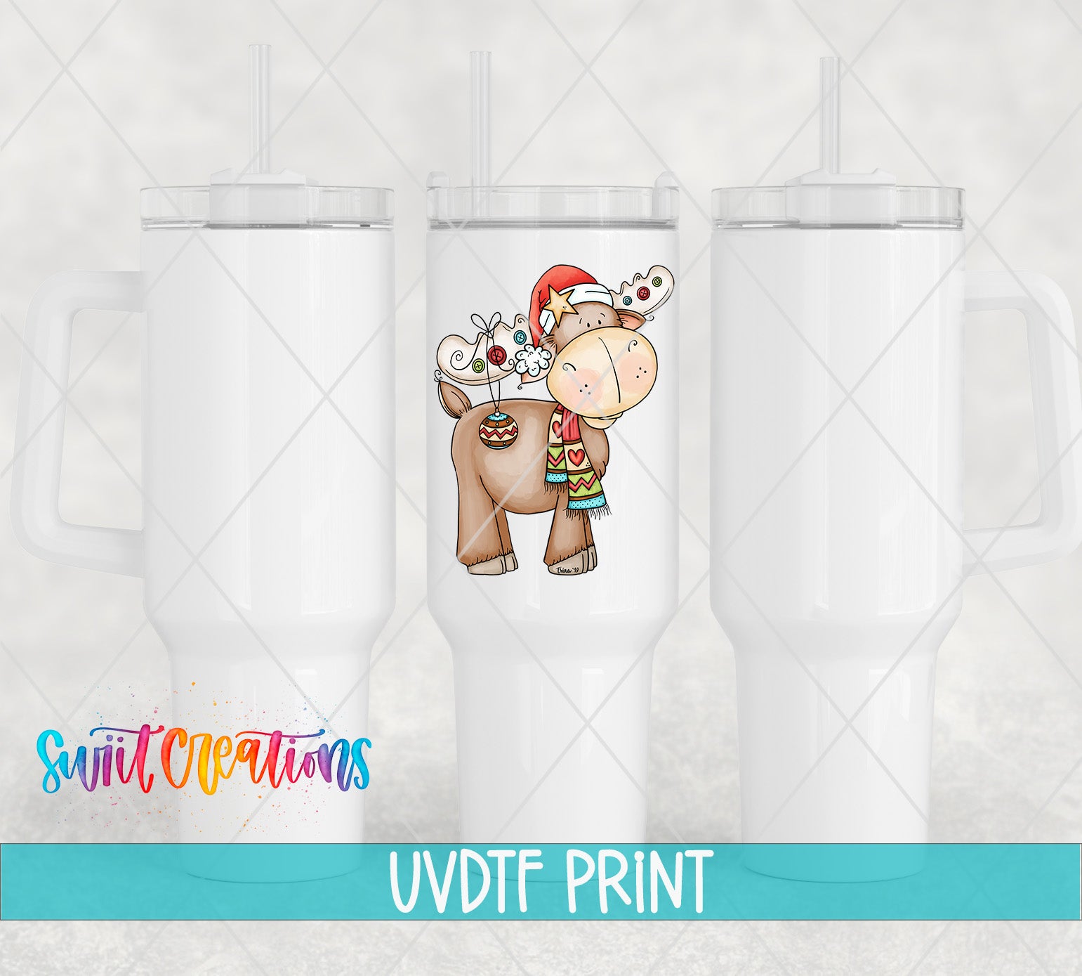 three white tumblers with a colorful cartoon illustration of a reindeer on the front.