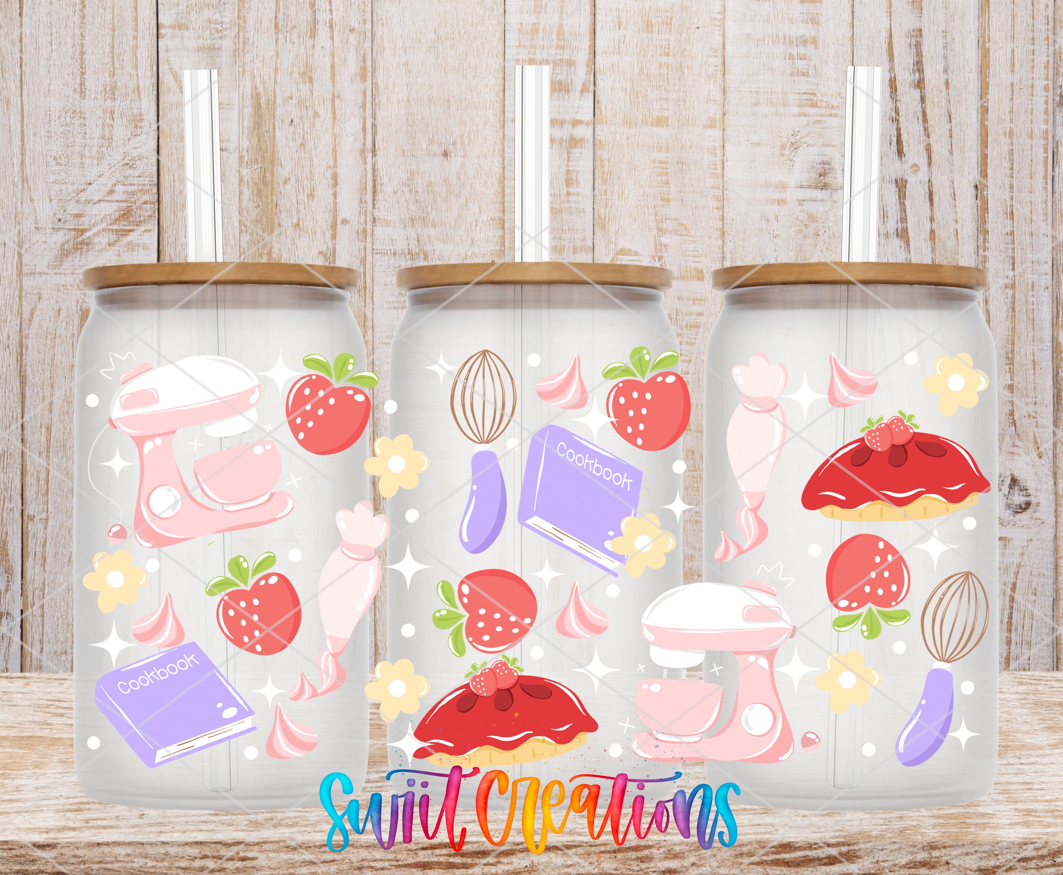 three glass jars with lids, each decorated with various kitchen-themed illustrations such as a mixer, strawberries, and other food items.