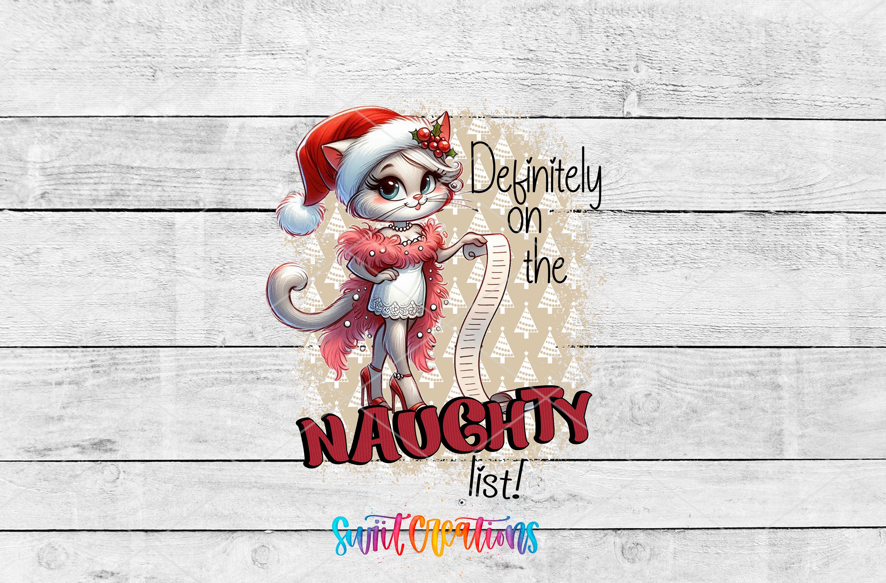 A cartoon cat wearing a Santa hat and holding a list, with the text "Definitely on the Naughty list!" written below.