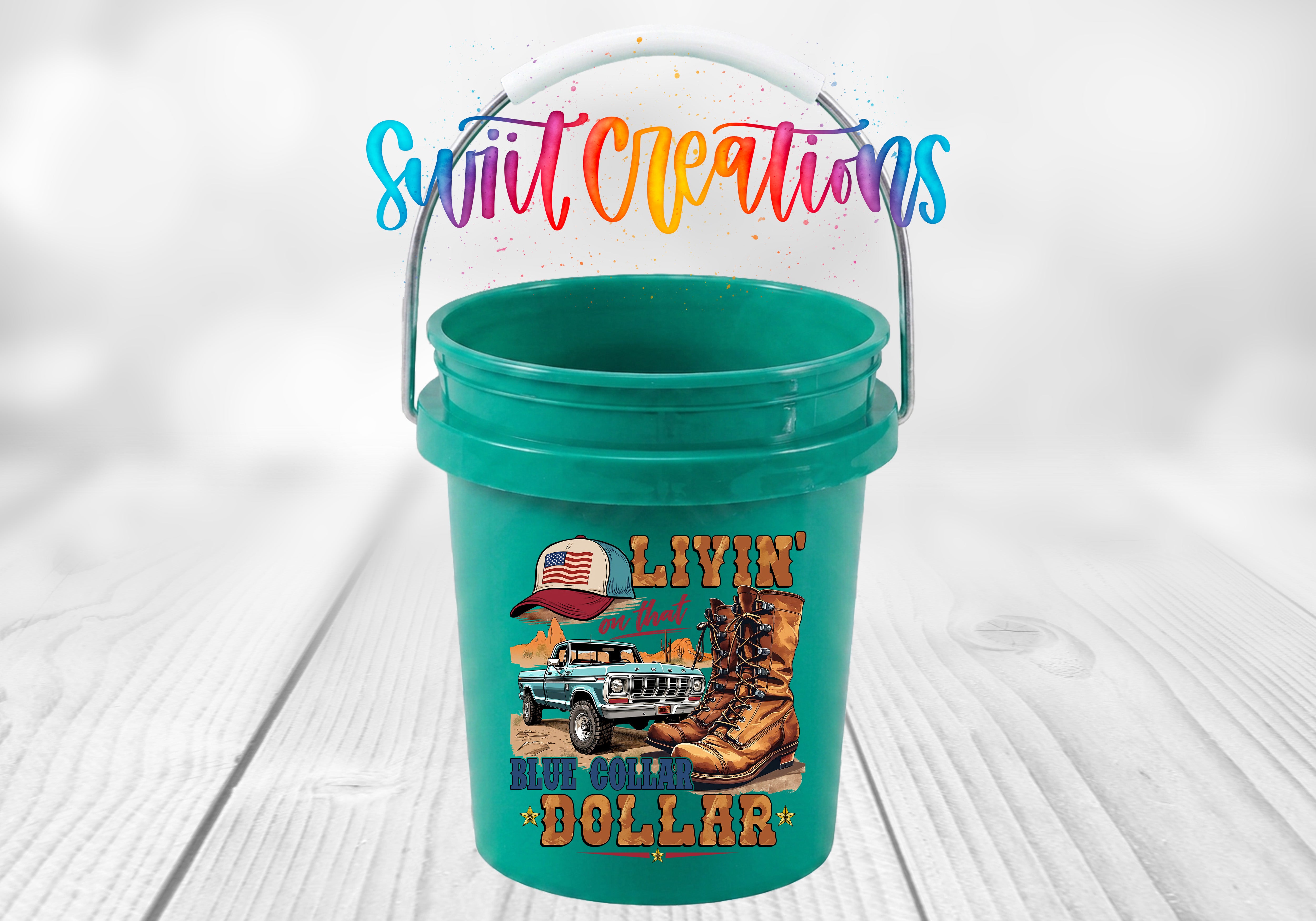 A green bucket with a printed design on it, featuring a truck and a cowboy hat, along with the text "LIVIN' 'DOLDER' DOLLAR".