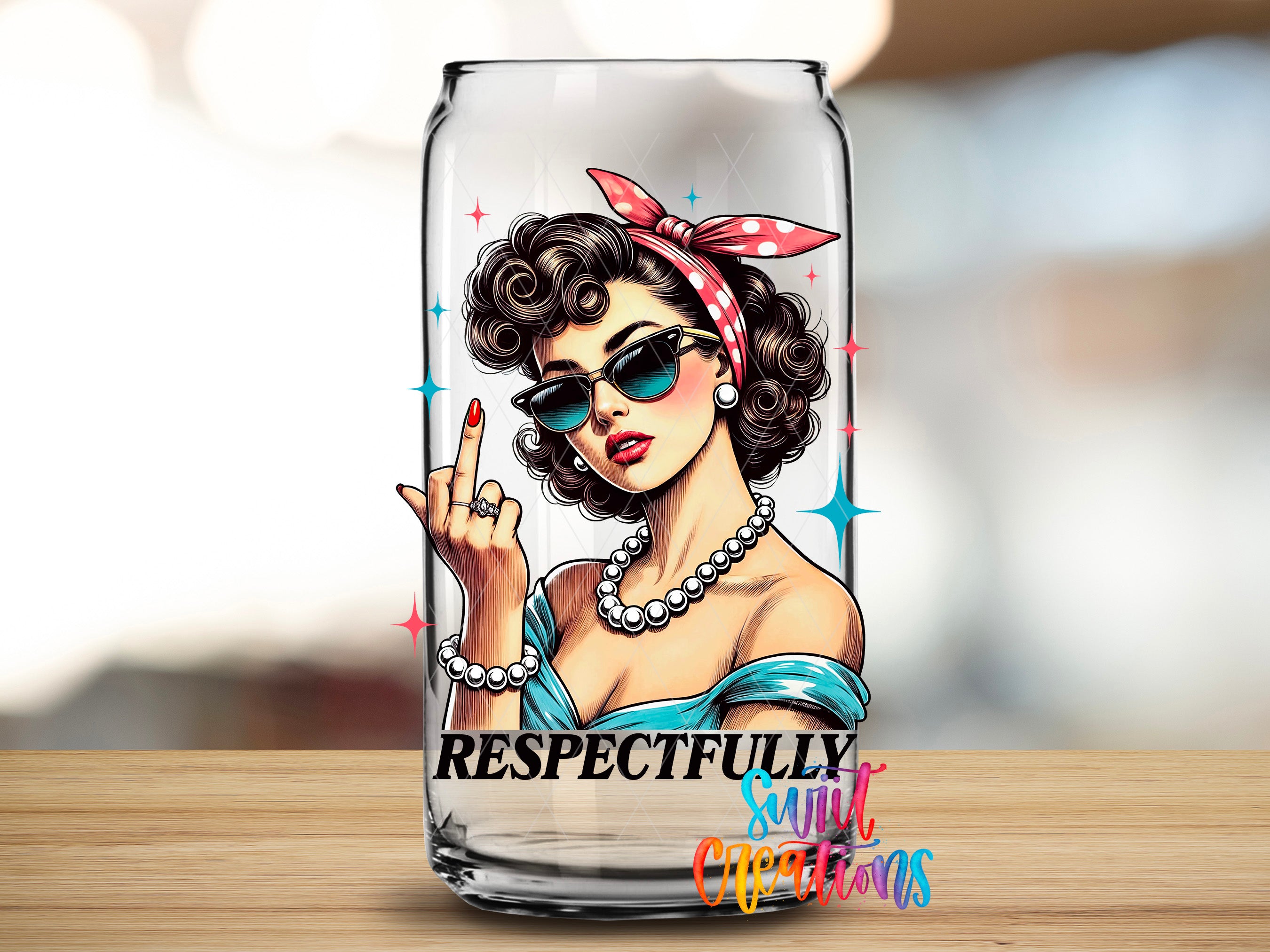 A glass can with a pop art style illustration of a woman wearing sunglasses and a red bow, with the text "RESPECTFULLY" and "Smit Christs" below the image.