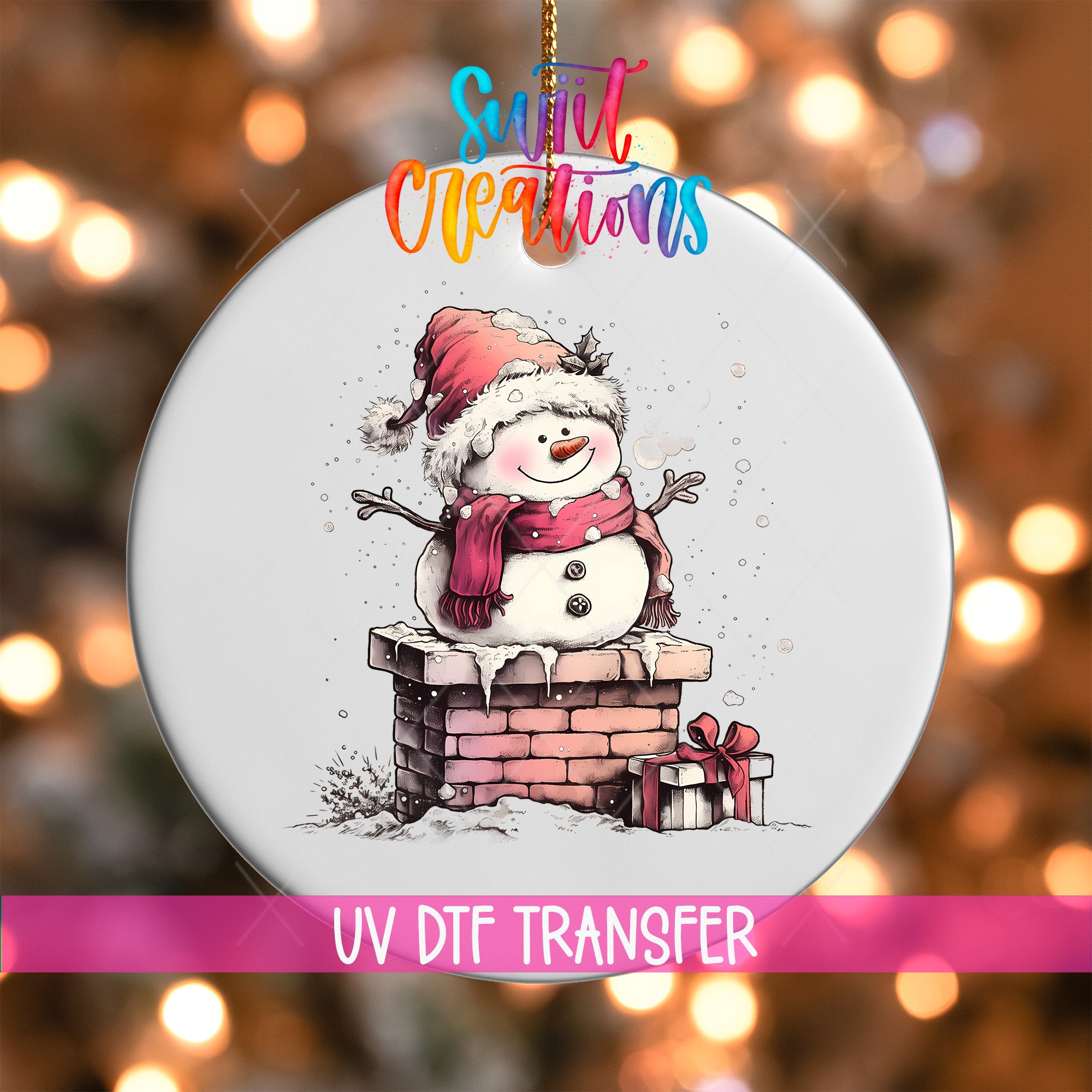A snowman ornament with a red scarf and hat, sitting on a brick chimney, is depicted against a background of colorful lights.