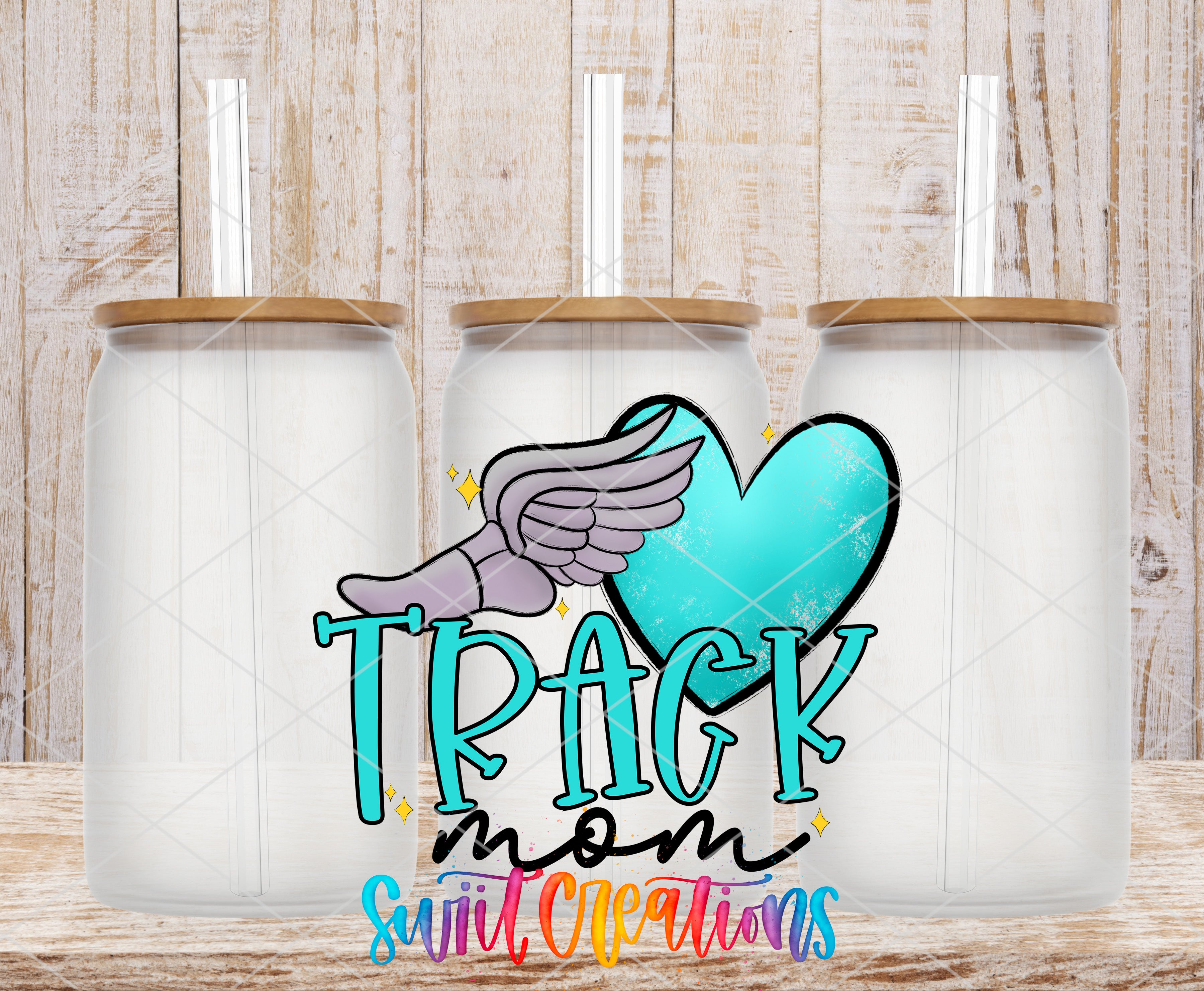 three transparent glass jars with lids, each containing a straw. The jars are arranged in a row, and there is a colorful graphic design in the center that includes a heart, wings, and the text "TRACK mom suficlark".