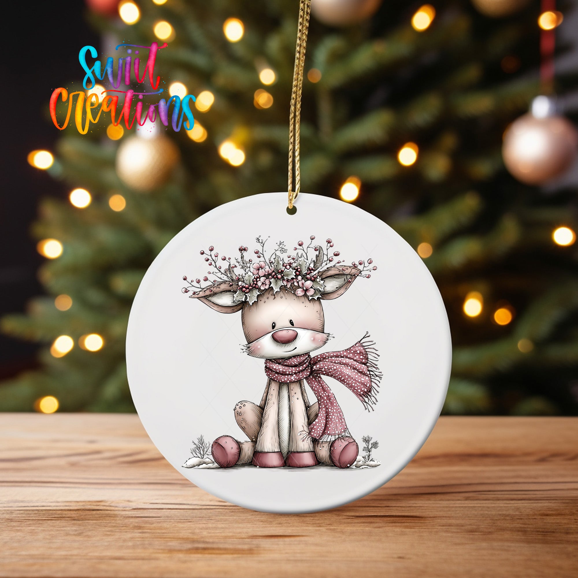 A white ceramic ornament featuring a cartoon reindeer with a floral crown and scarf, sitting on a wooden surface in front of a blurred Christmas tree with twinkling lights.