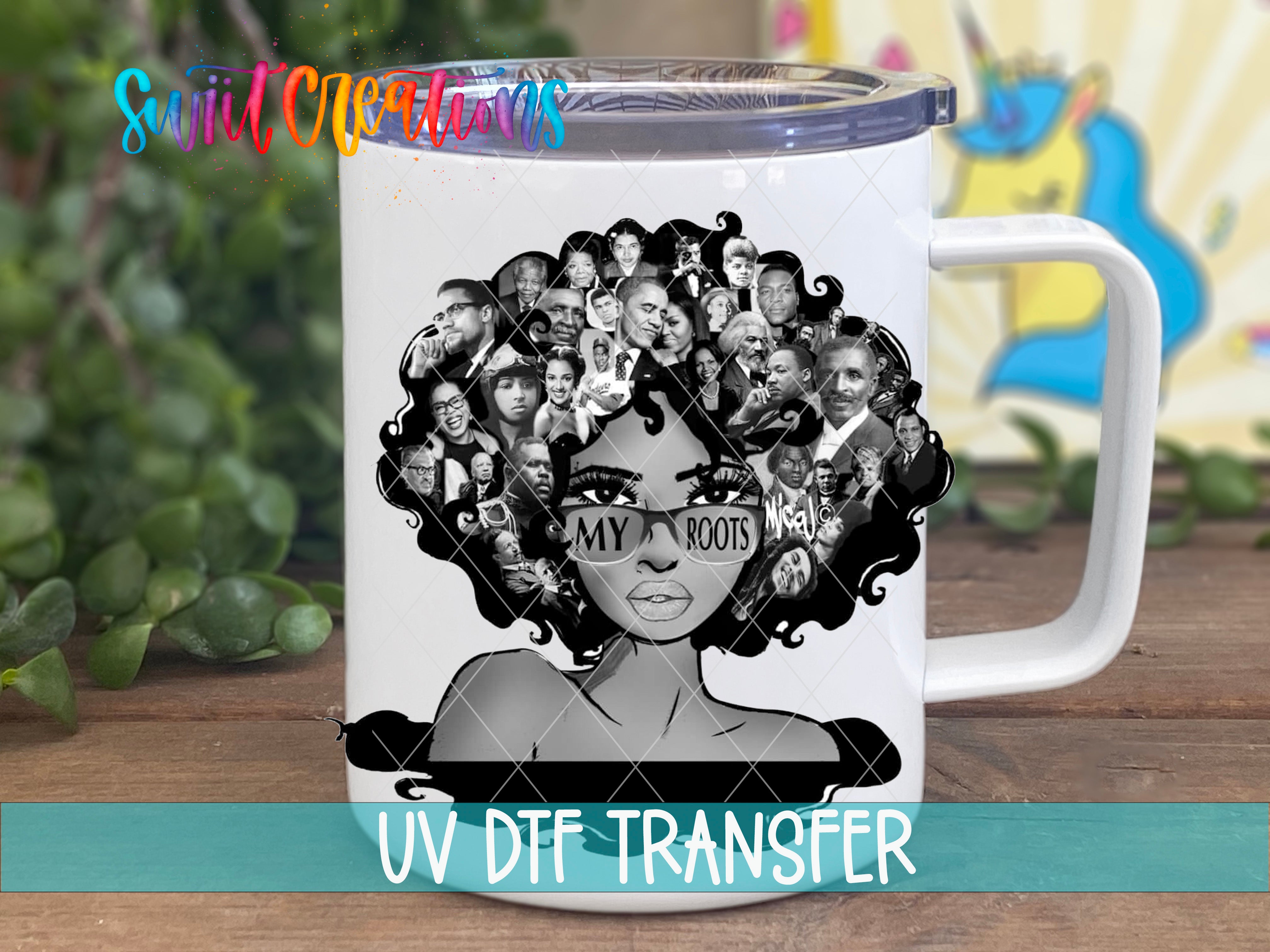 A white mug with a black and white illustration of a woman's face surrounded by a collage of various portraits.