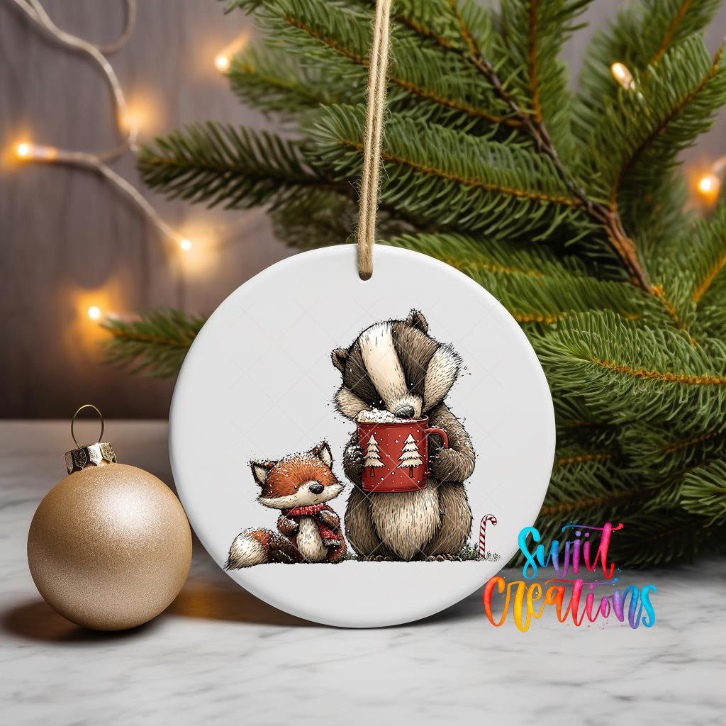 A ceramic ornament featuring a badger and a fox, with the badger holding a mug of hot chocolate, is displayed on a white surface next to a gold ornament and a Christmas tree.
