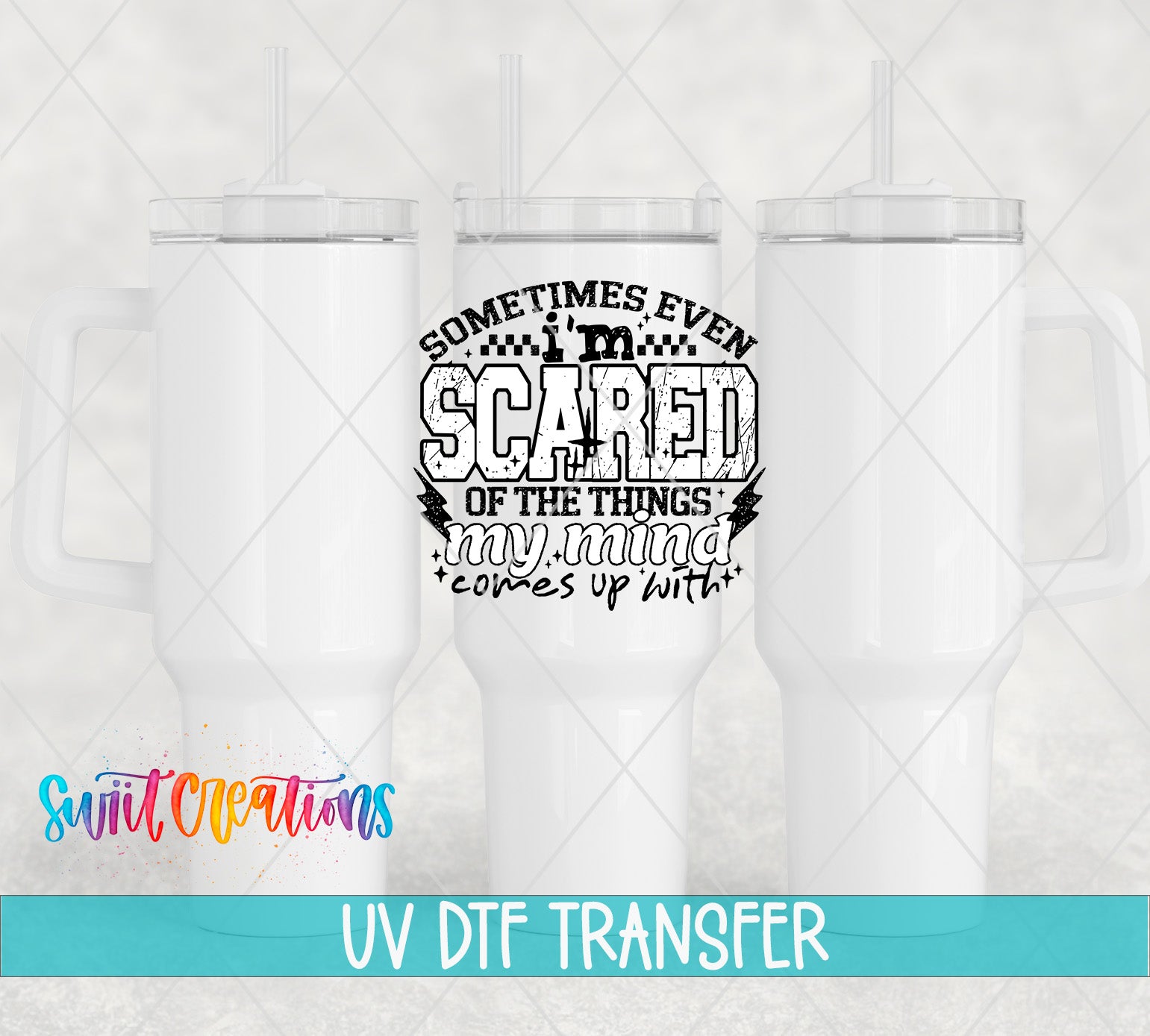 three white tumblers with a black and white graphic design on them.