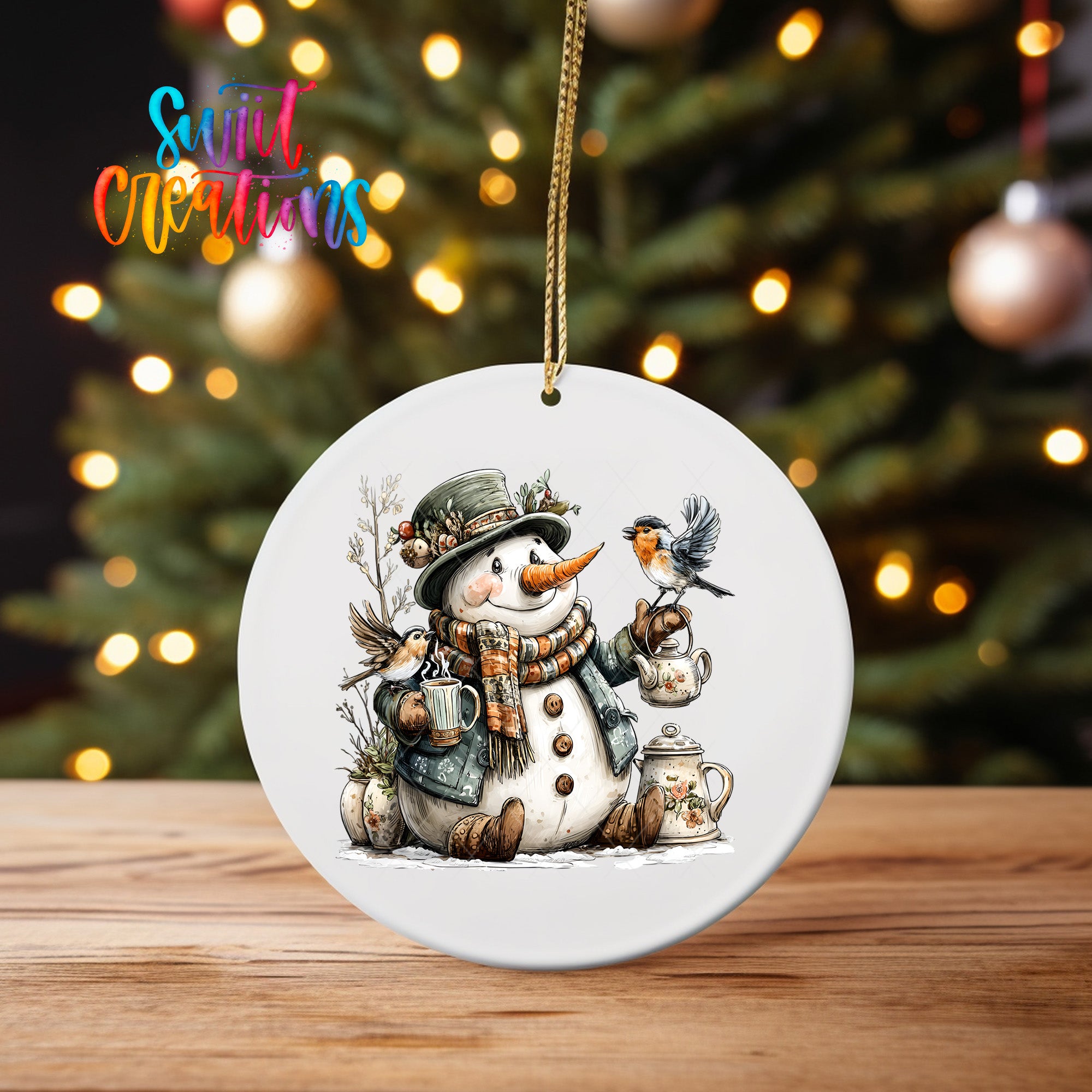 A snowman ornament with a bird perched on its shoulder, wearing a hat and scarf, and holding a teapot, is displayed on a wooden surface against a blurred background of a Christmas tree with twinkling lights.
