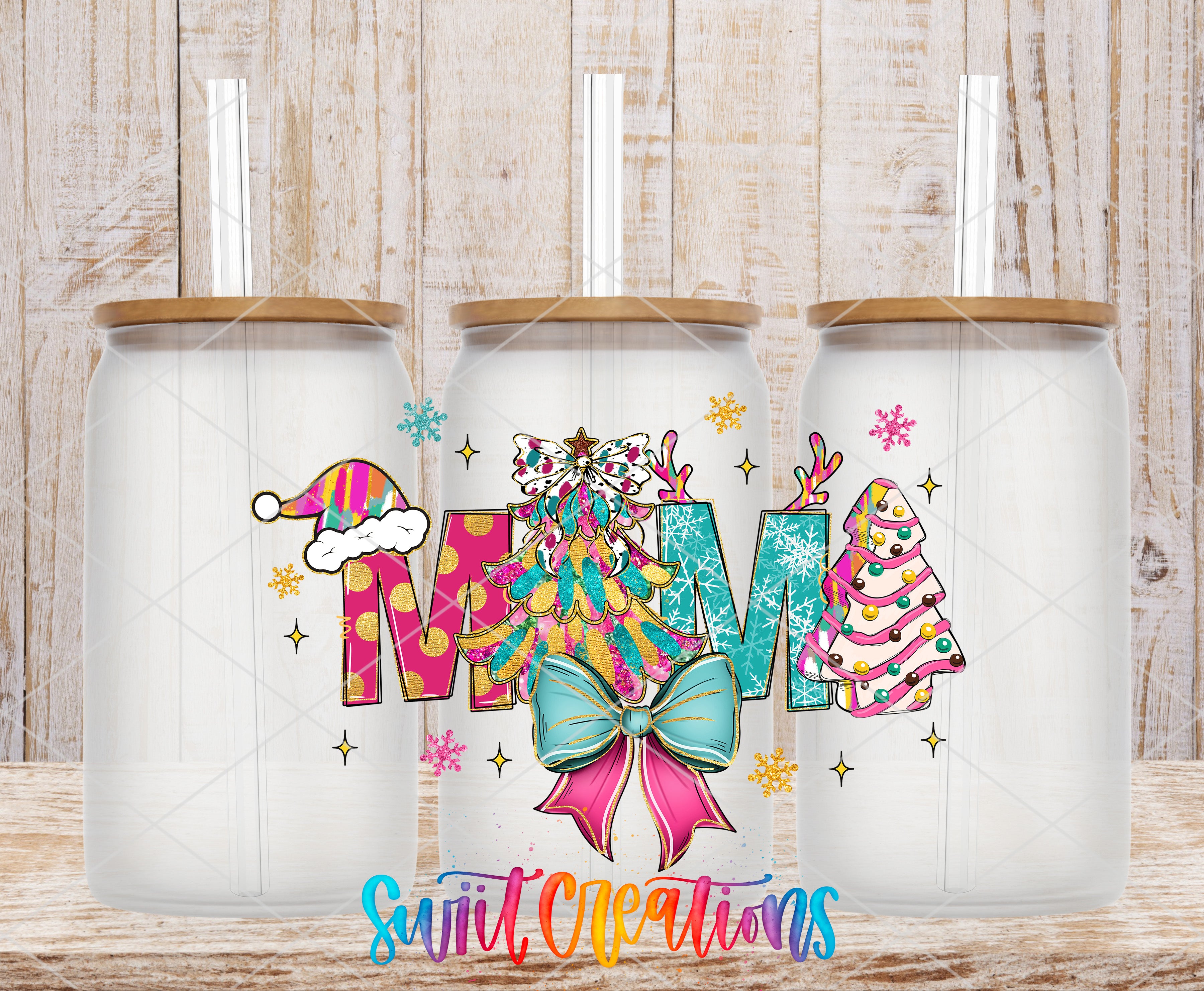 A collage of three colorful tumblers with Christmas-themed designs, including a Santa hat, snowflakes, and a bow.