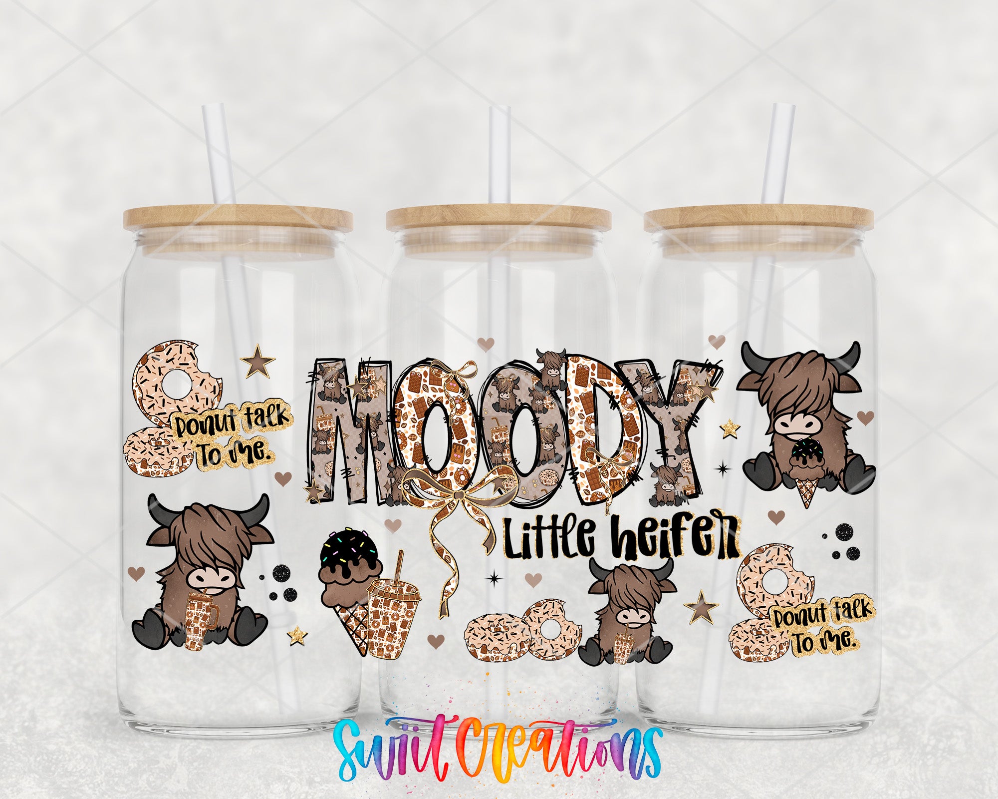 three glass tumblers with a design that includes cartoon cow characters and the word "MODY" prominently displayed.