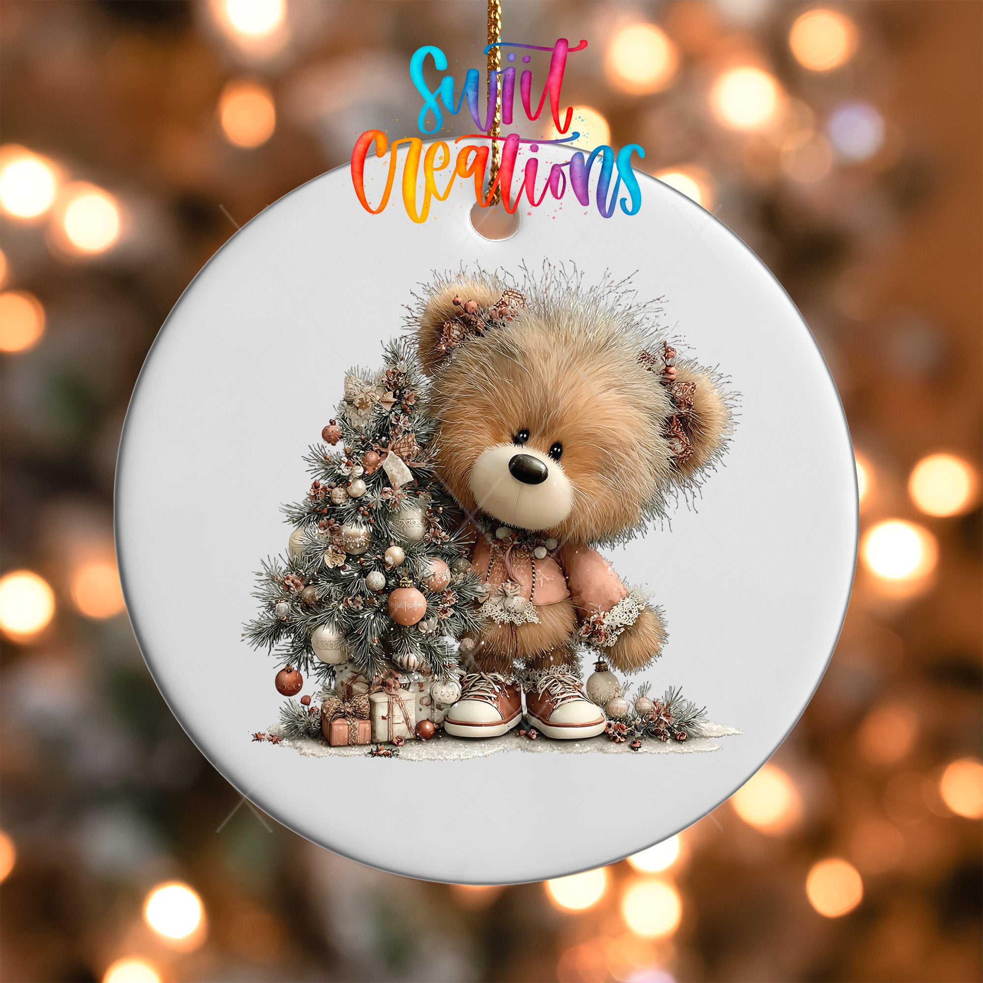 A white ornament with a teddy bear sitting next to a Christmas tree, surrounded by ornaments and lights.