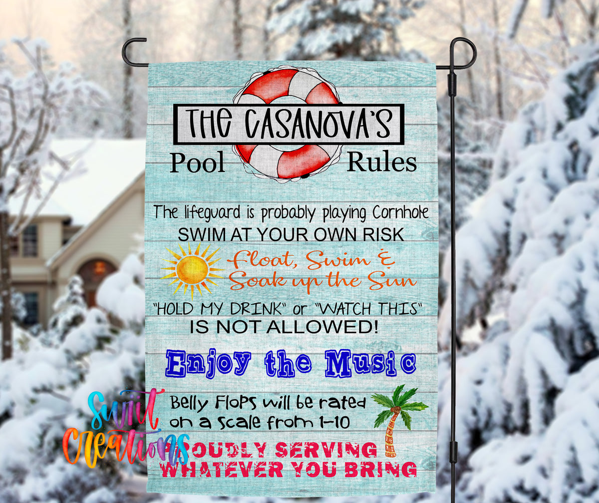 a sign with a beach theme, including a lifeguard's rules and a pool.